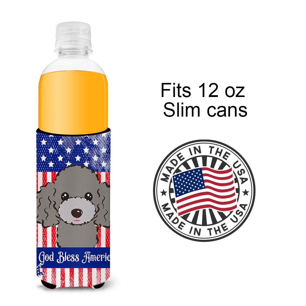 God Bless American Flag with Silver Gray Poodle  Ultra Beverage Insulator for slim cans BB2189MUK  the-store.com.