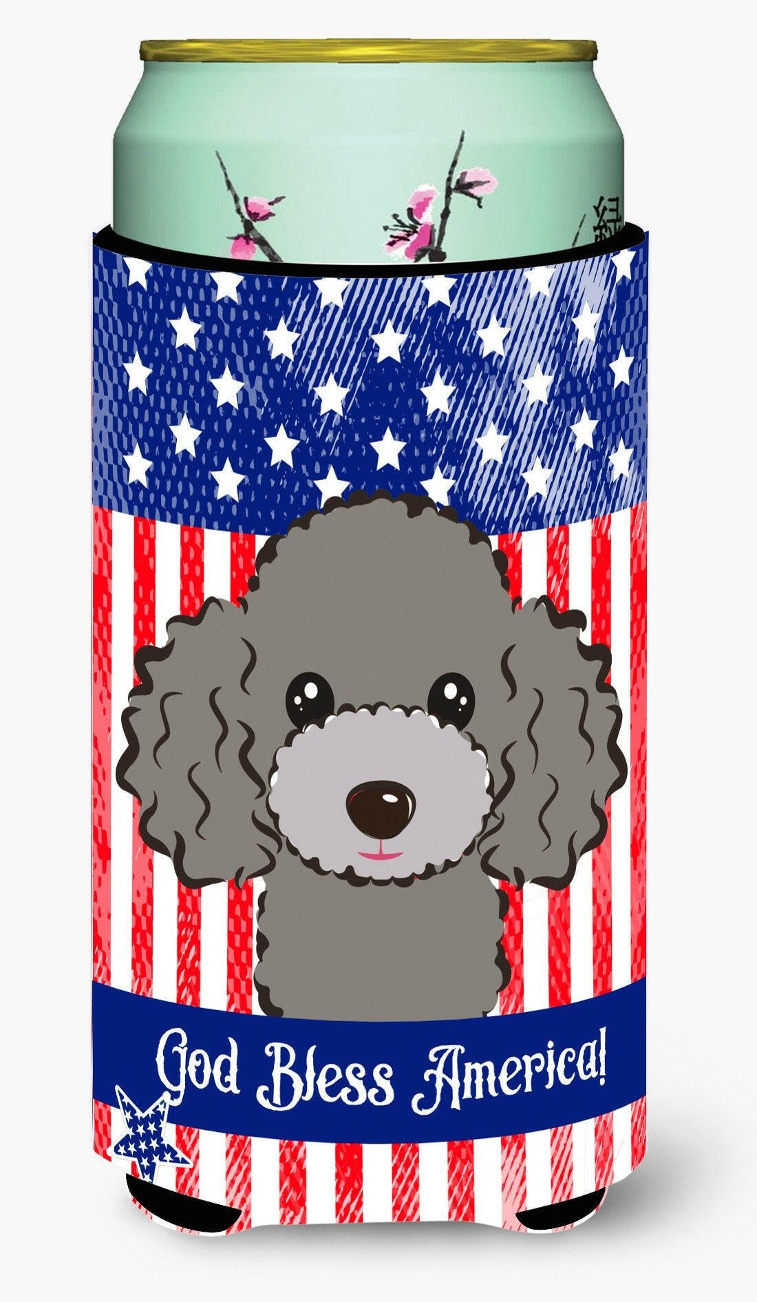 God Bless American Flag with Silver Gray Poodle Tall Boy Beverage Insulator Hugger BB2189TBC by Caroline's Treasures