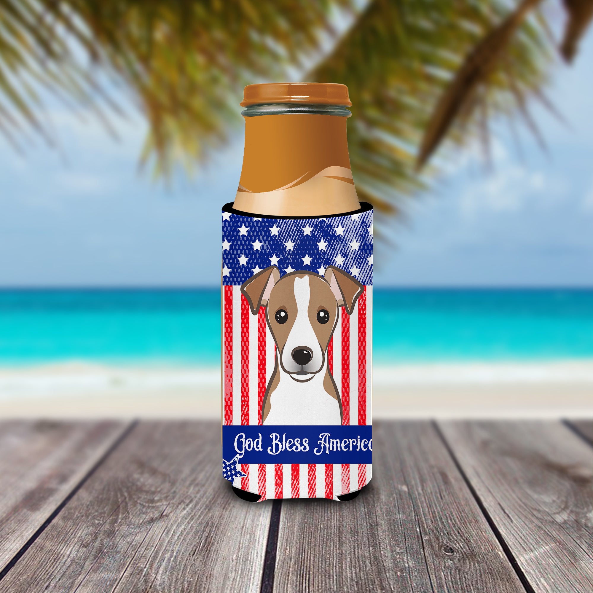 God Bless American Flag with Jack Russell Terrier  Ultra Beverage Insulator for slim cans BB2190MUK  the-store.com.