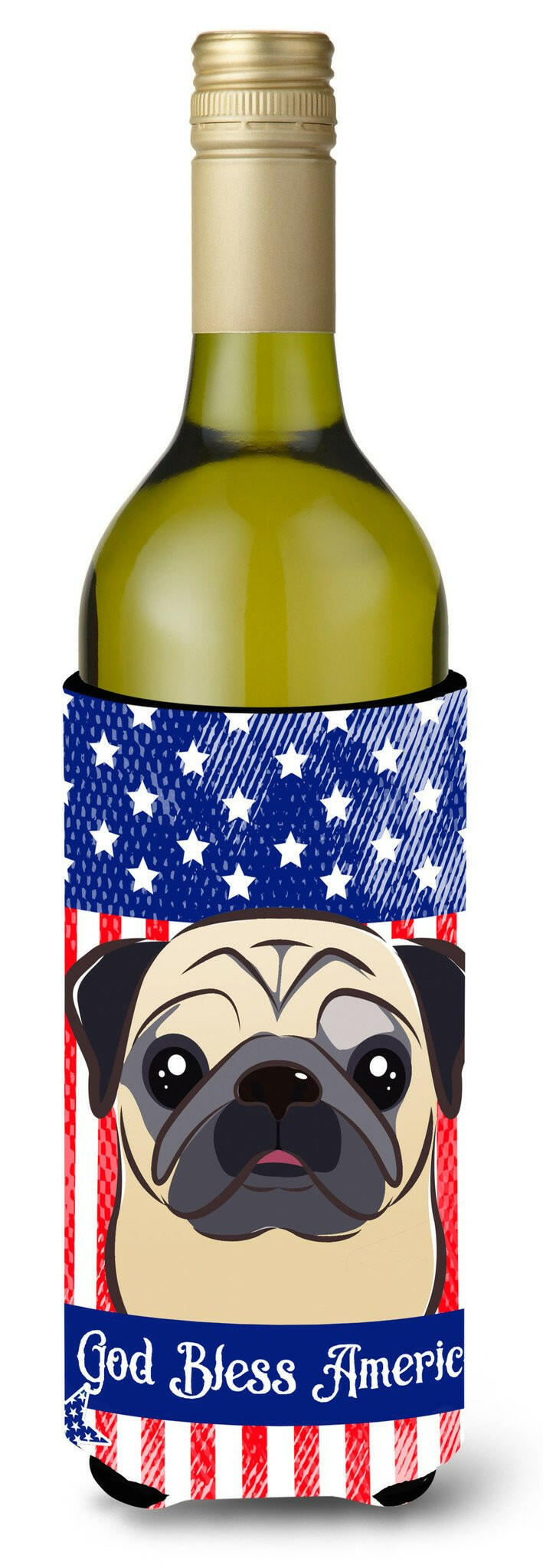 God Bless American Flag with Fawn Pug Wine Bottle Beverage Insulator Hugger BB2192LITERK by Caroline&#39;s Treasures