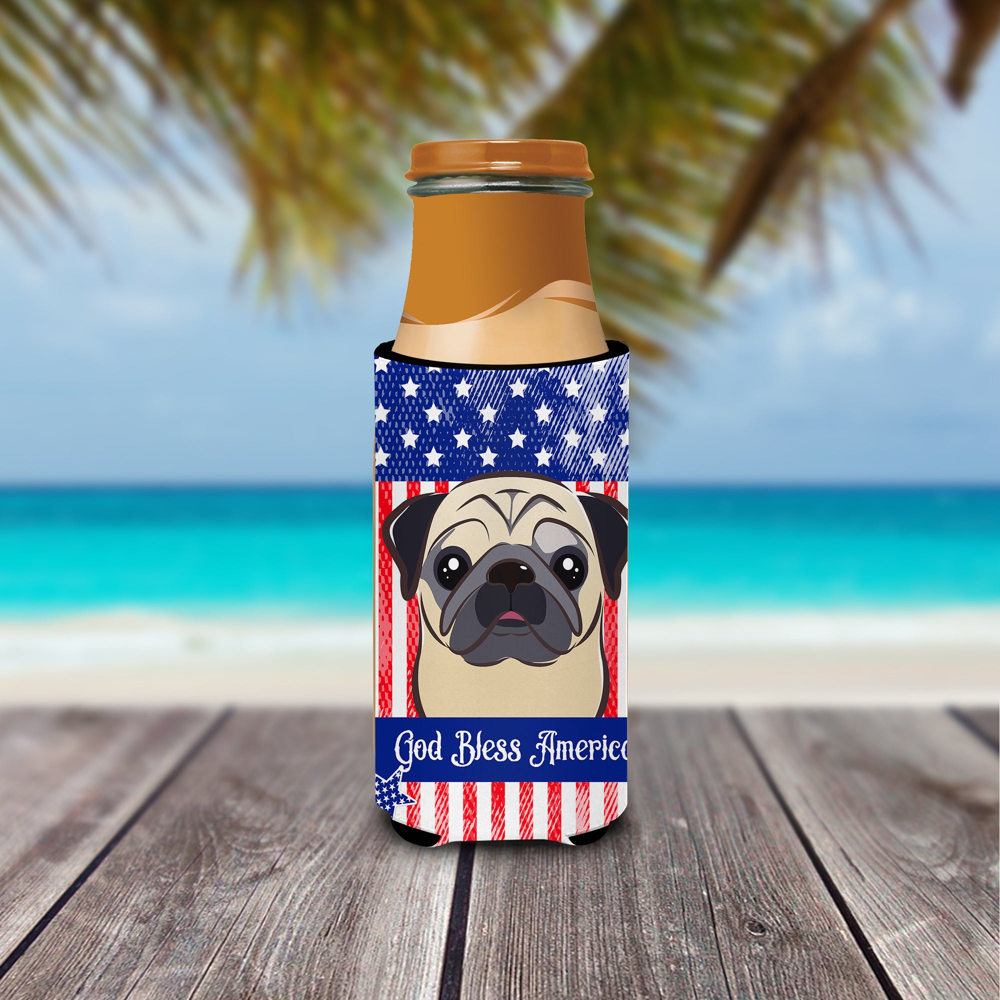 God Bless American Flag with Fawn Pug  Ultra Beverage Insulator for slim cans BB2192MUK  the-store.com.