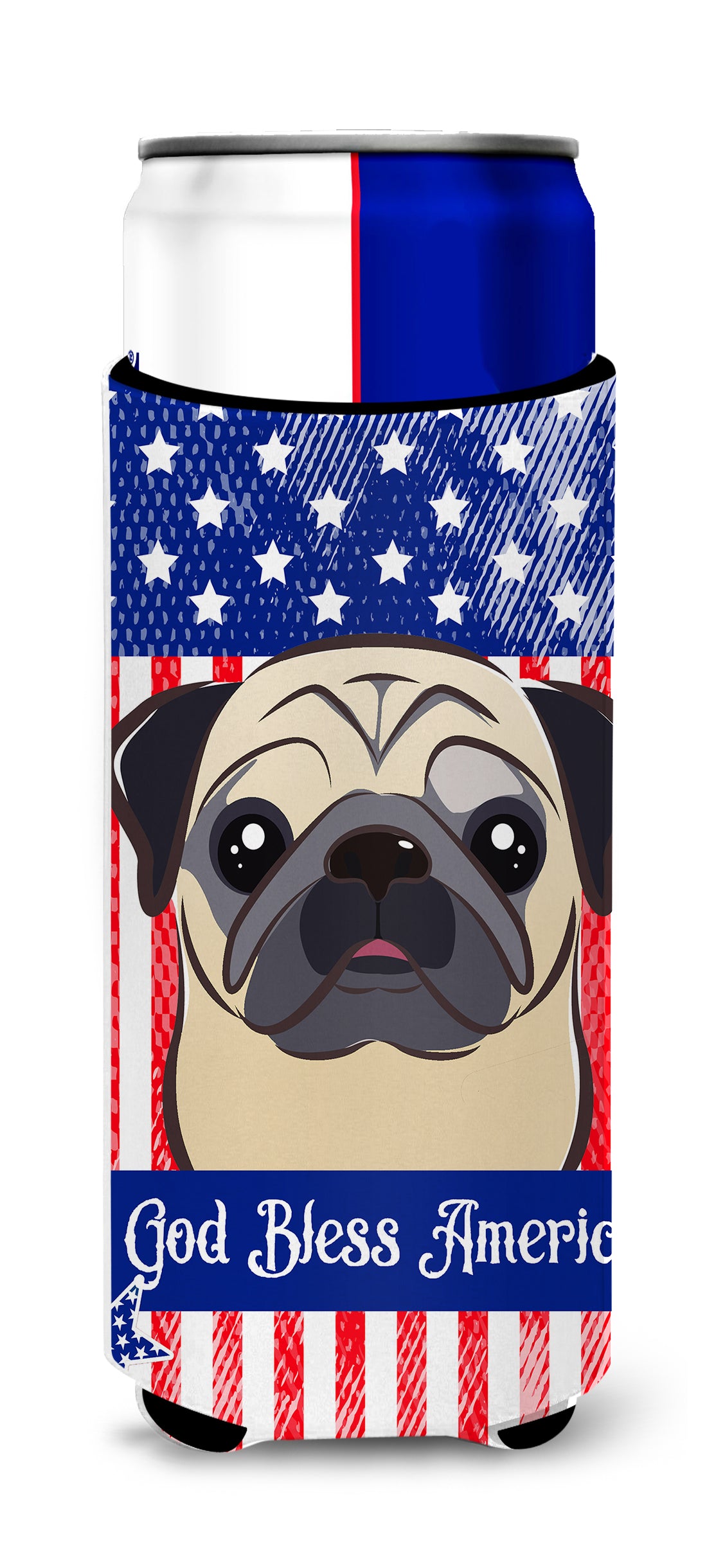 God Bless American Flag with Fawn Pug  Ultra Beverage Insulator for slim cans BB2192MUK  the-store.com.