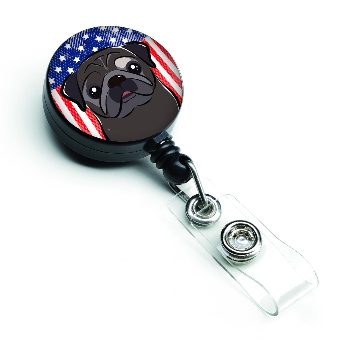 Bobine de badge rétractable drapeau américain et carlin noir BB2193BR