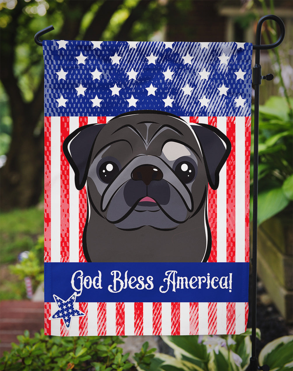 God Bless American Flag with Black Pug Flag Garden Size BB2193GF.