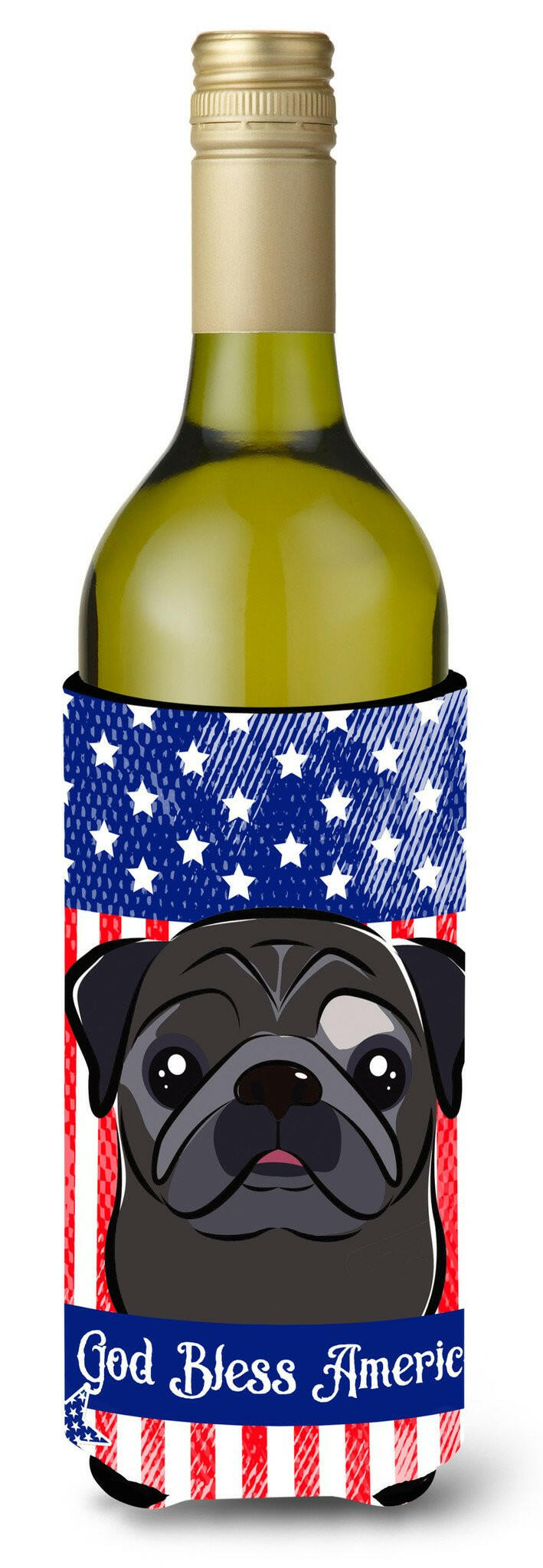 God Bless American Flag with Black Pug Wine Bottle Beverage Insulator Hugger BB2193LITERK by Caroline&#39;s Treasures