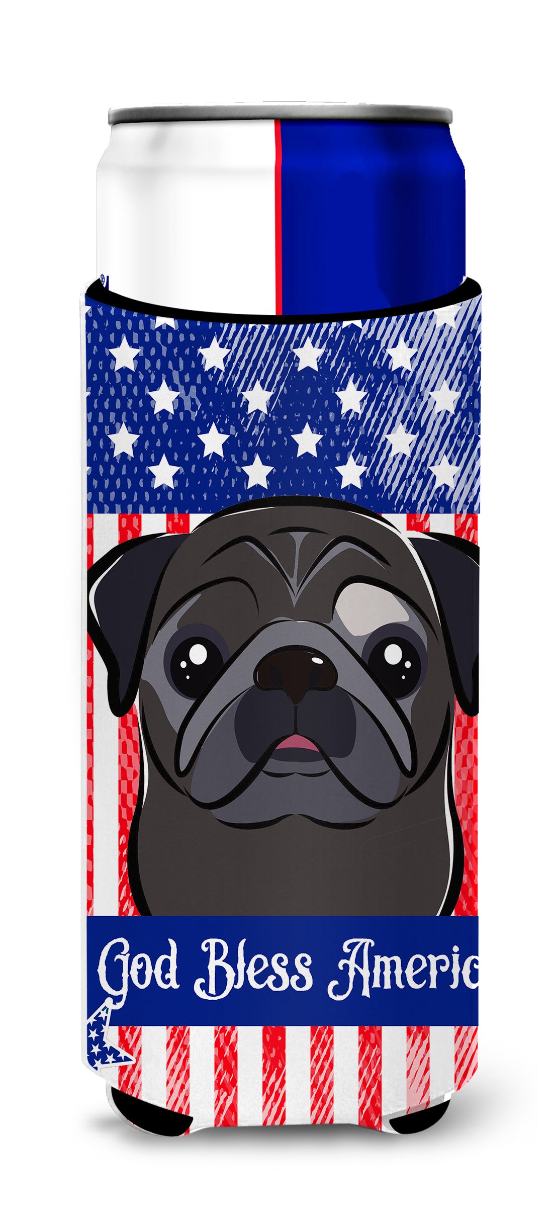 God Bless American Flag with Black Pug  Ultra Beverage Insulator for slim cans BB2193MUK  the-store.com.