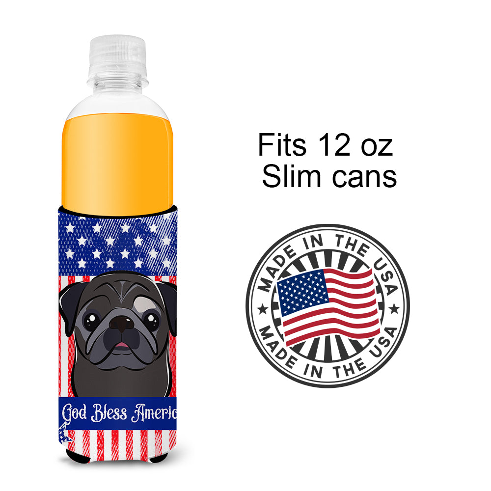 God Bless American Flag with Black Pug  Ultra Beverage Insulator for slim cans BB2193MUK
