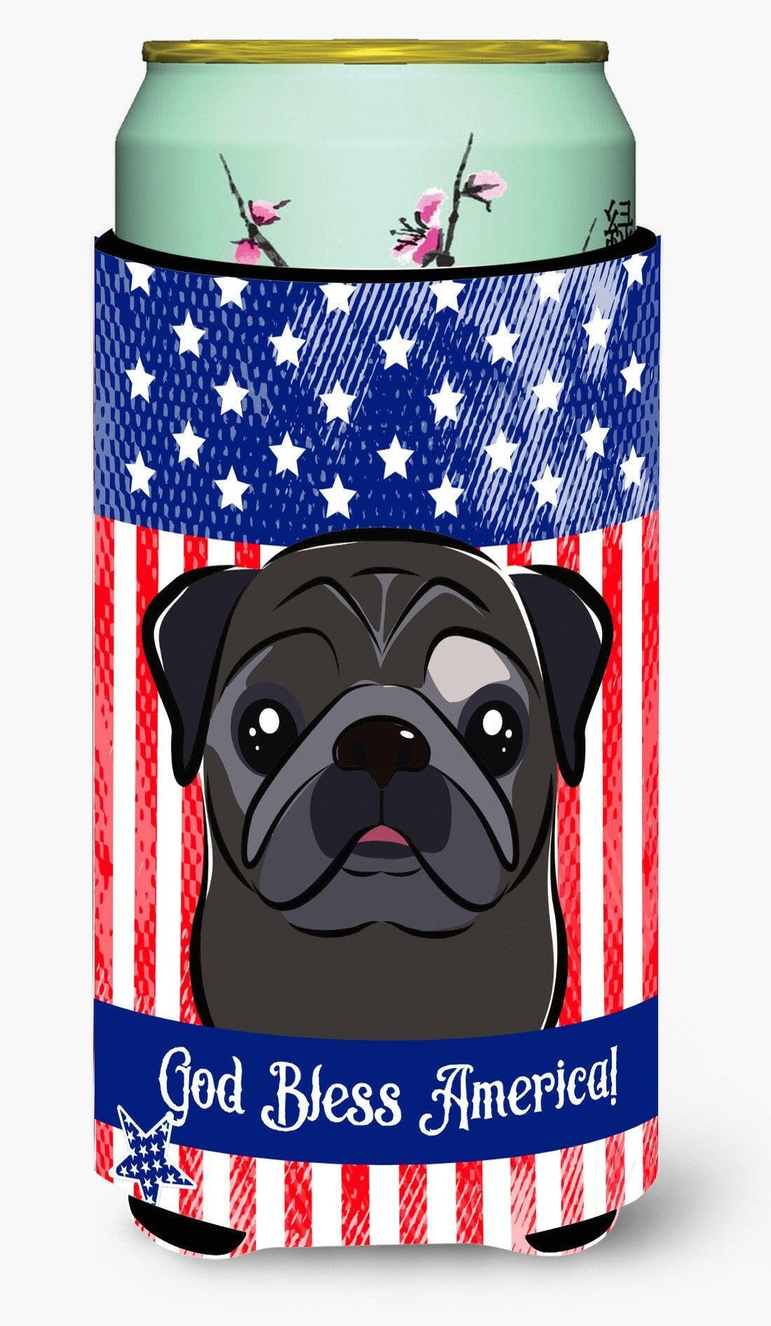 God Bless American Flag with Black Pug Tall Boy Beverage Insulator Hugger BB2193TBC by Caroline&#39;s Treasures