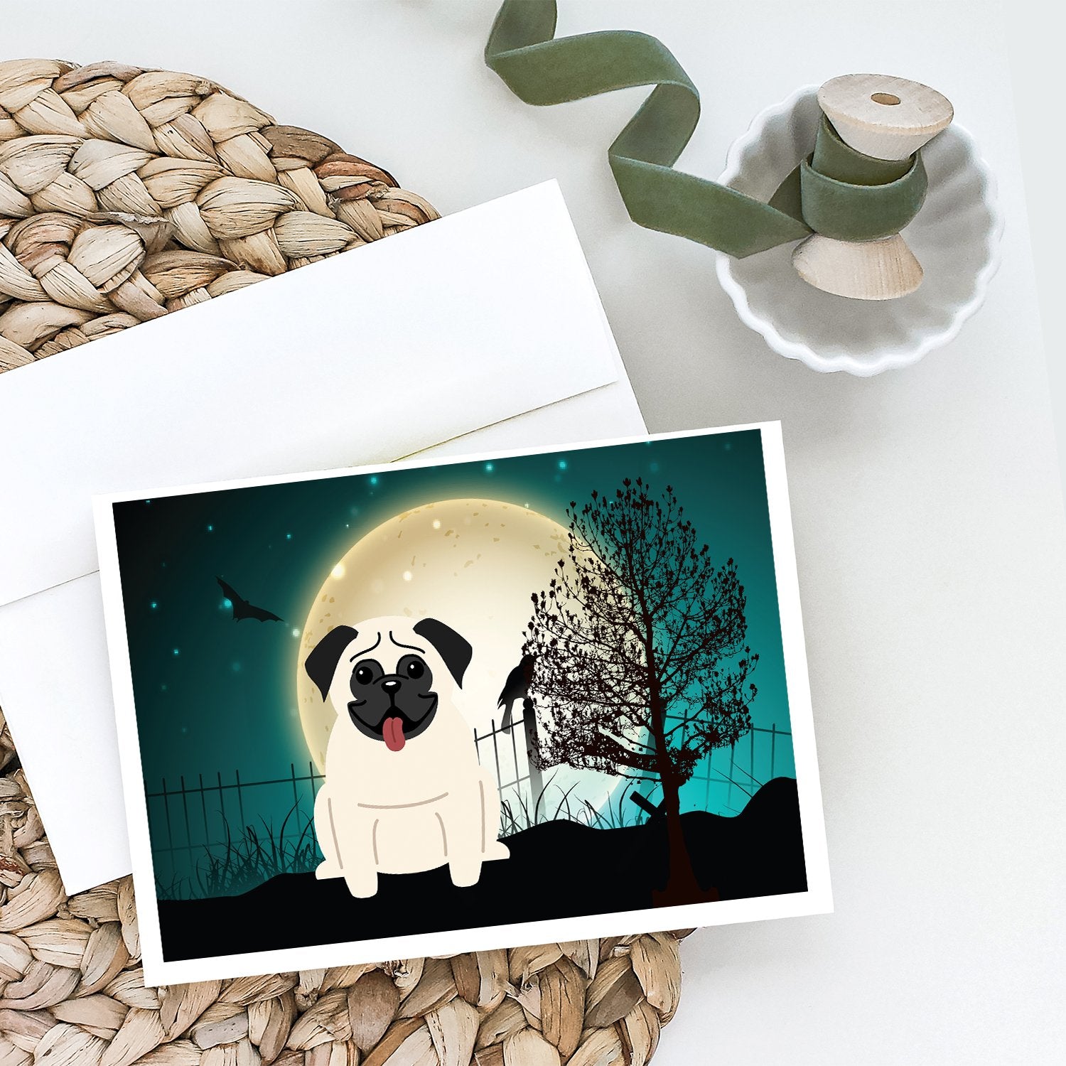 Halloween Scary Pug Cream Greeting Cards and Envelopes Pack of 8 - the-store.com