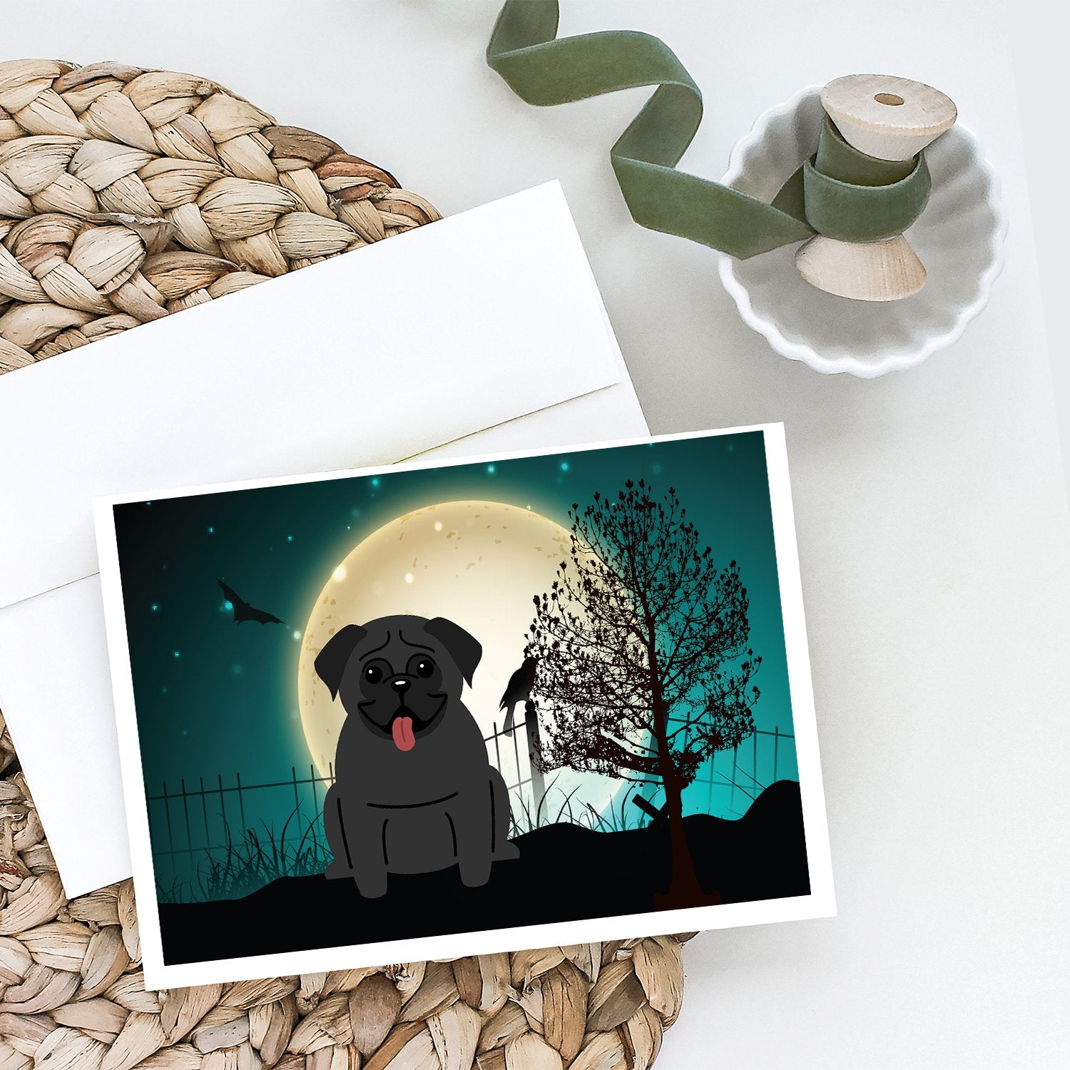 Buy this Halloween Scary Pug Black Greeting Cards and Envelopes Pack of 8