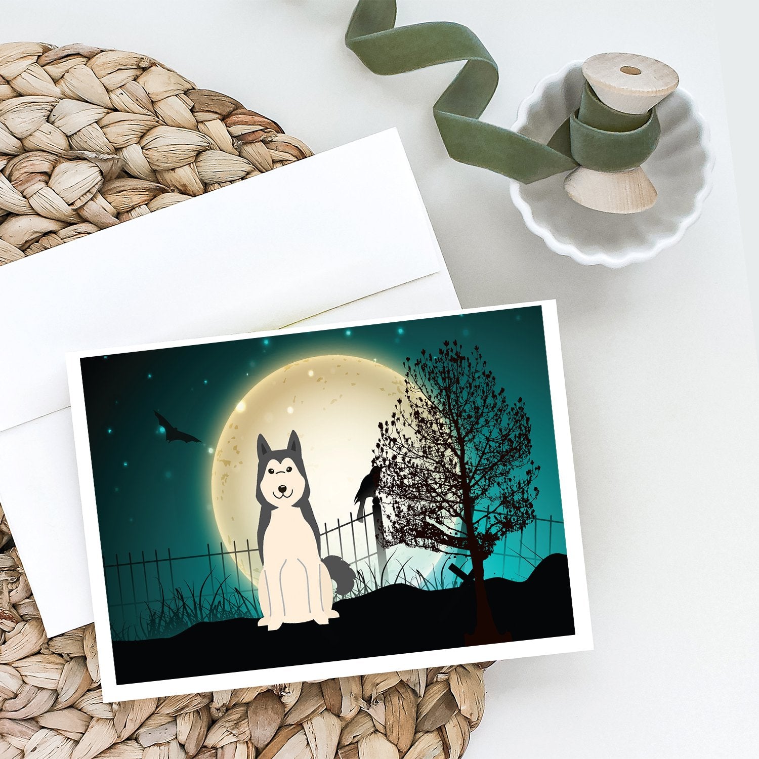 Caroline's Treasures Halloween Scary West Siberian Laika Spitz Greeting Cards - Blank Note Cards – 8-Pack of Artist-Designed Cards with Envelopes