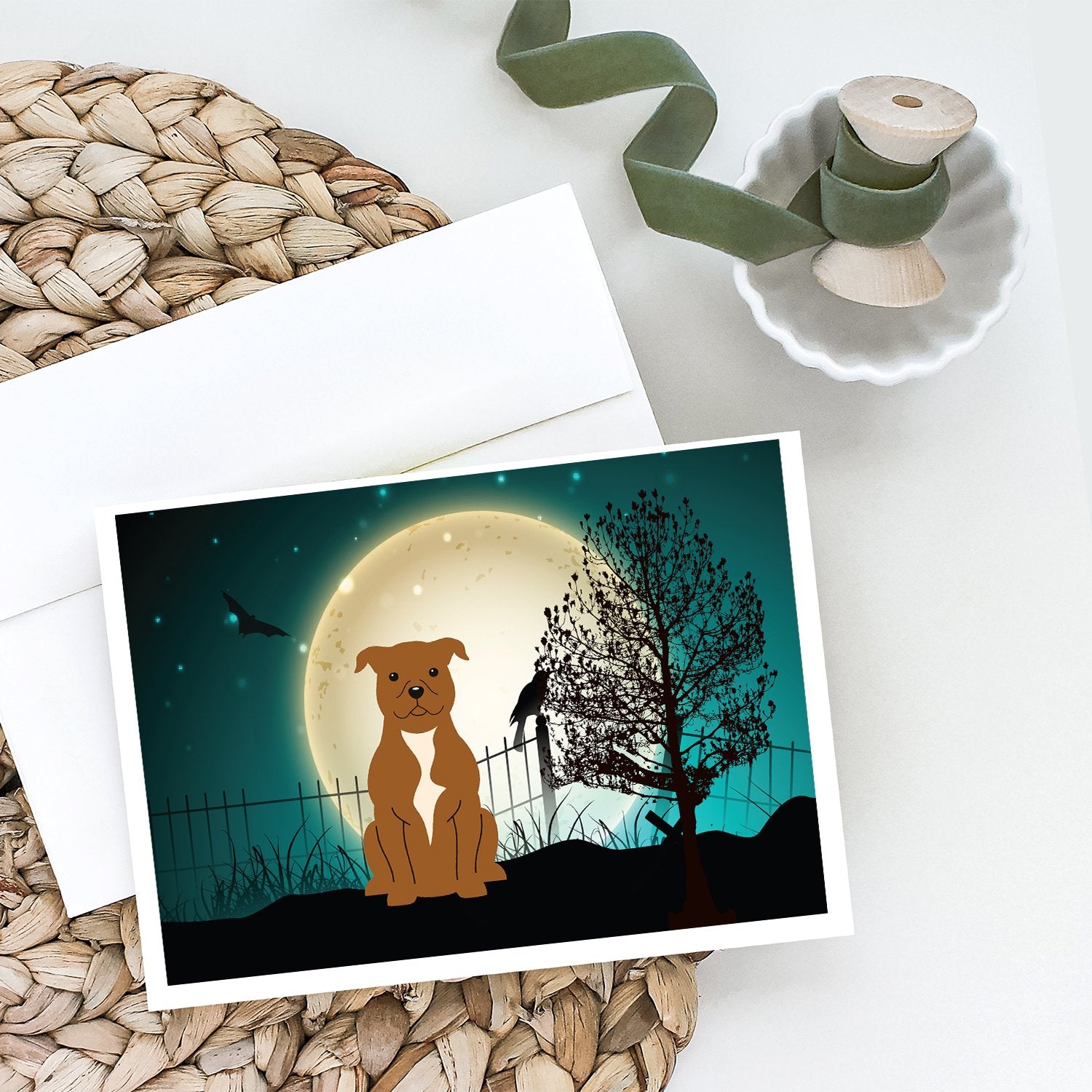 Halloween Scary Staffordshire Bull Terrier Brown Greeting Cards and Envelopes Pack of 8 - the-store.com