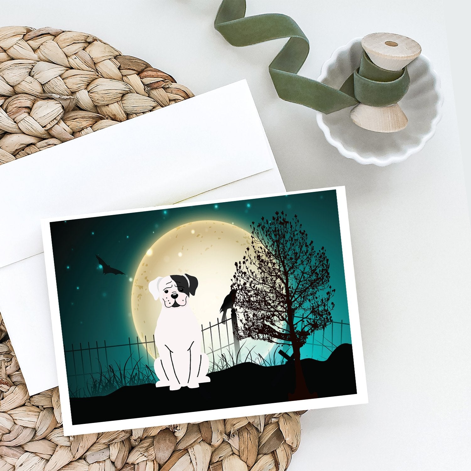 Halloween Scary White Boxer Cooper Greeting Cards and Envelopes Pack of 8 - the-store.com