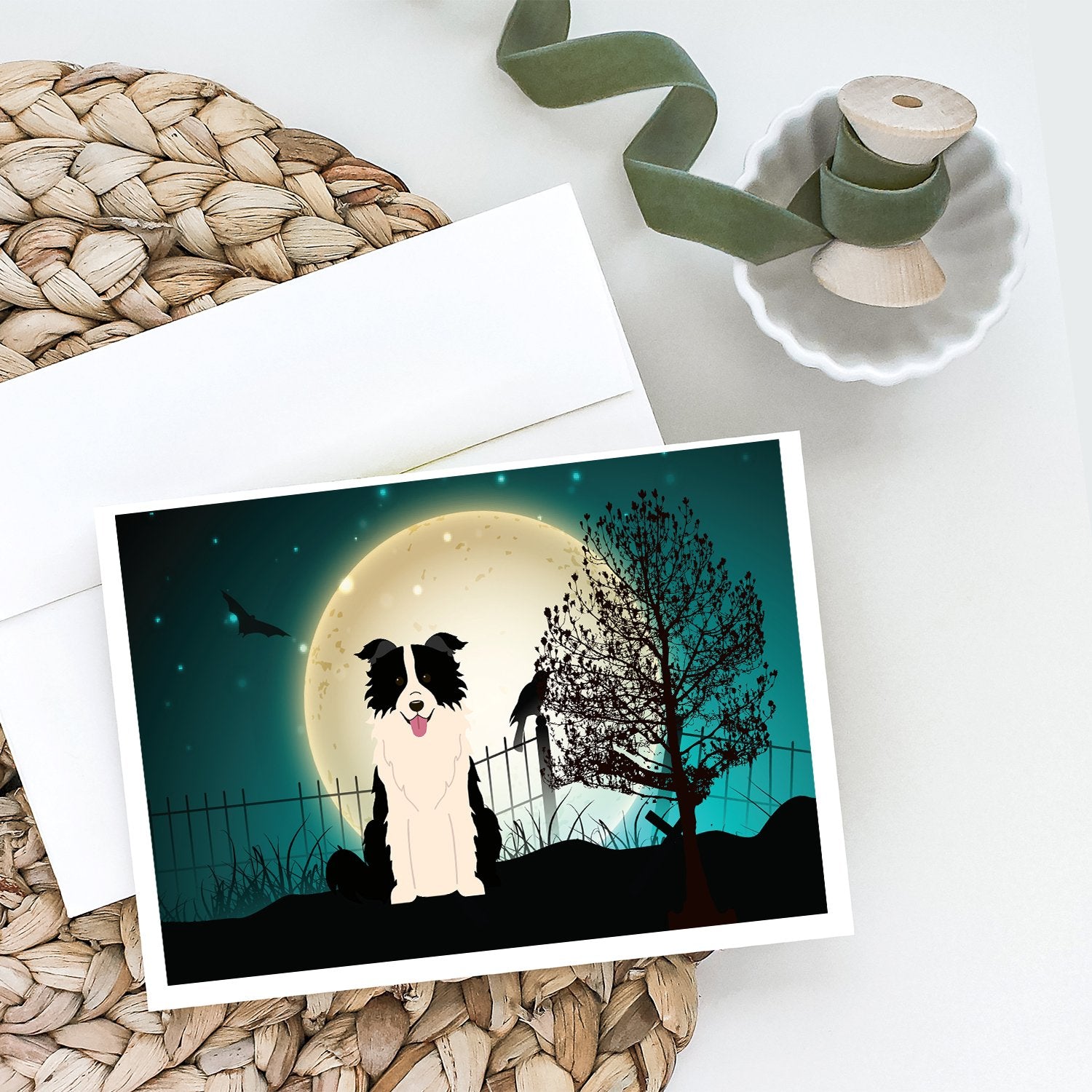 Halloween Scary Border Collie Black White Greeting Cards and Envelopes Pack of 8 - the-store.com