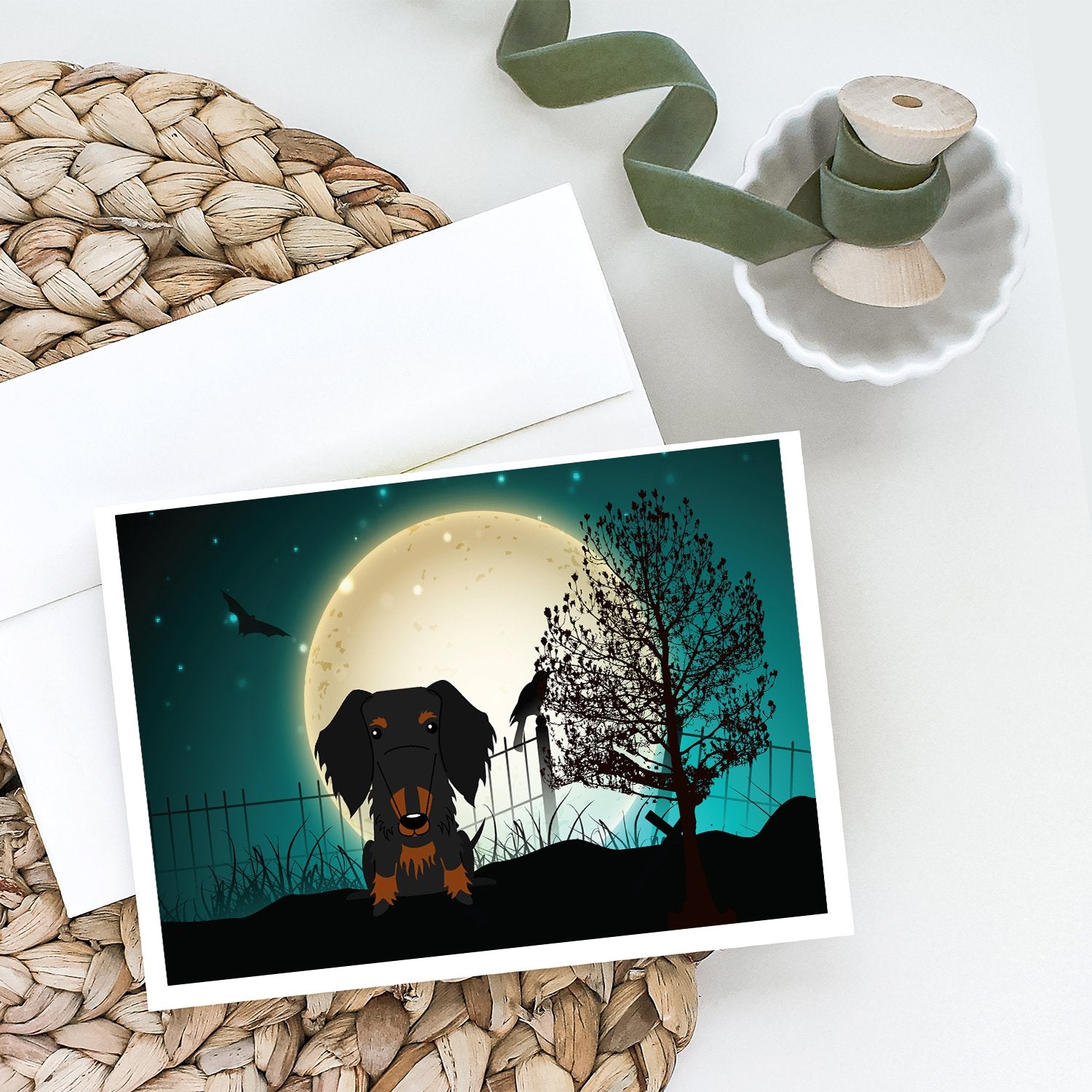 Halloween Scary Wire Haired Dachshund Black Tan Greeting Cards and Envelopes Pack of 8 - the-store.com
