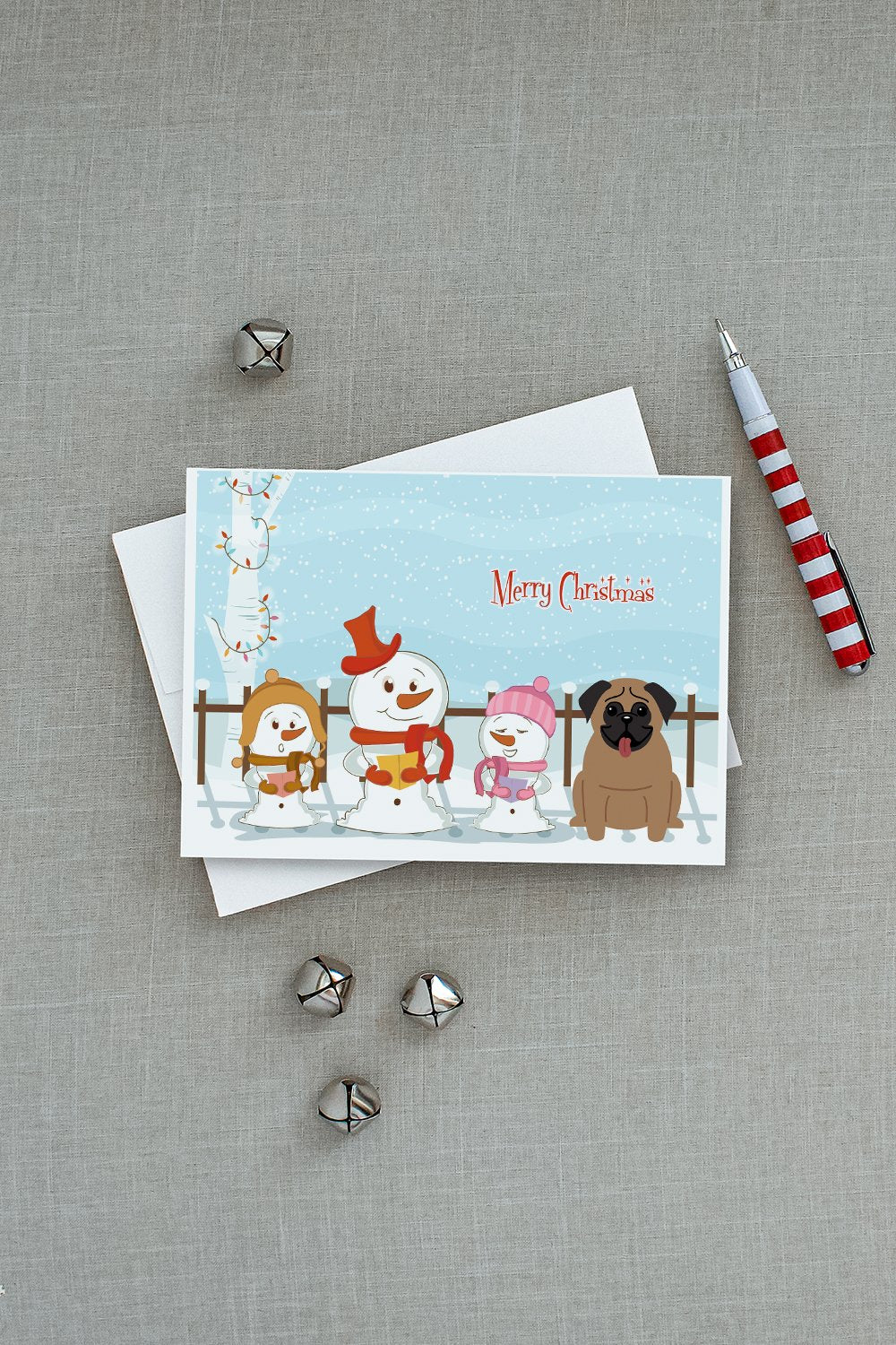 Merry Christmas Carolers Pug Brown Greeting Cards and Envelopes Pack of 8 - the-store.com
