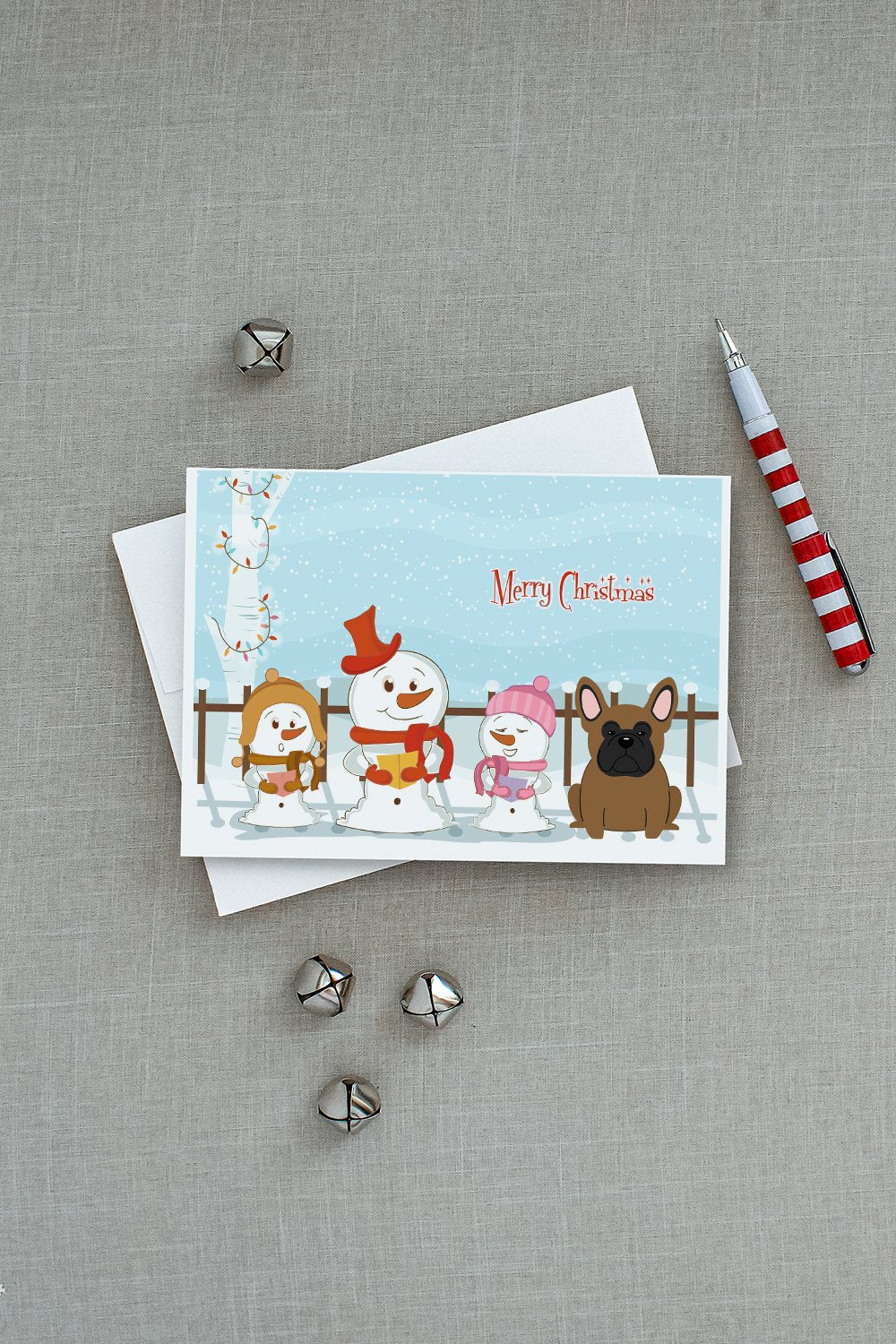 Merry Christmas Carolers French Bulldog Brown Greeting Cards and Envelopes Pack of 8 - the-store.com