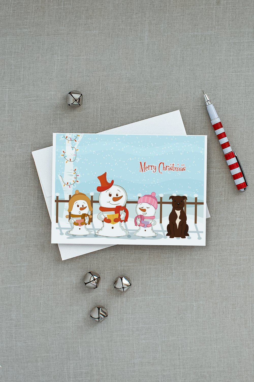 Merry Christmas Carolers Staffordshire Bull Terrier Chocolate Greeting Cards and Envelopes Pack of 8 - the-store.com