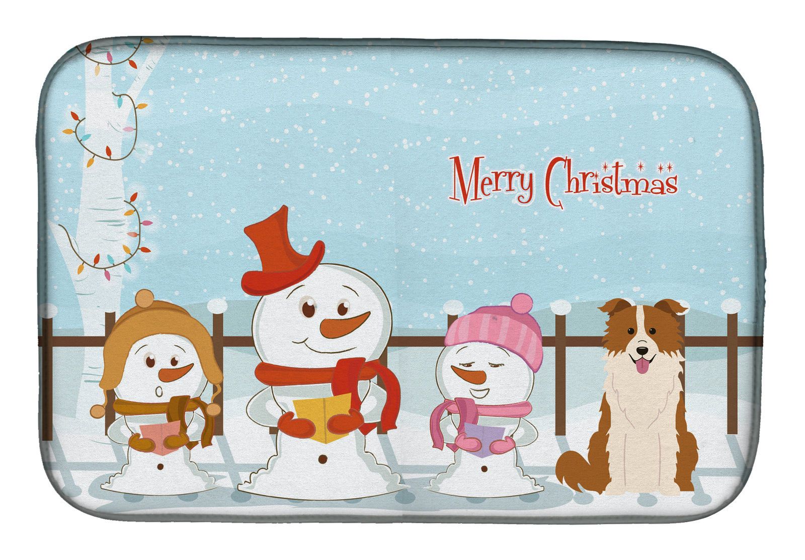 Merry Christmas Carolers Border Collie Red White Dish Drying Mat BB2450DDM