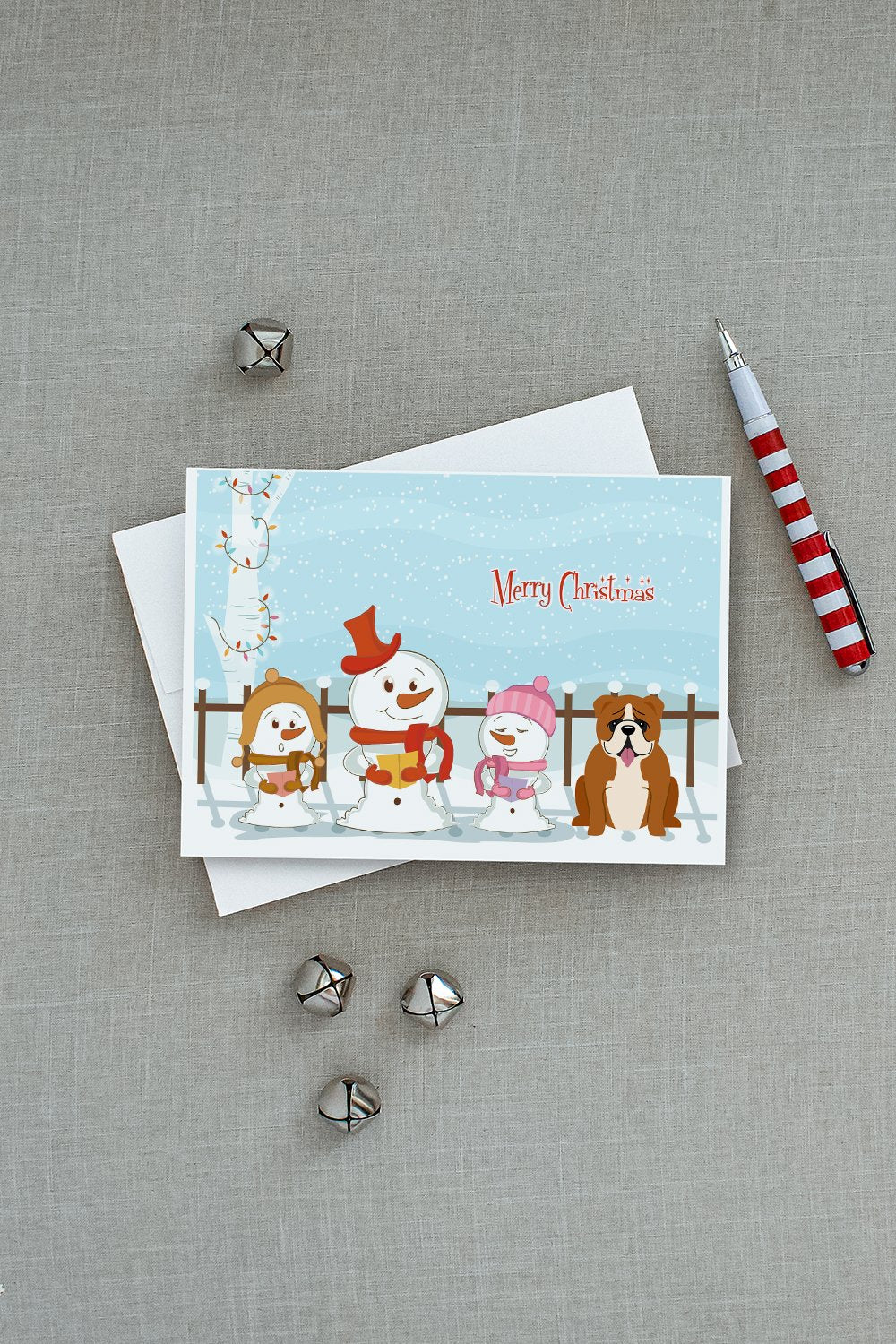 Merry Christmas Carolers English Bulldog Red White Greeting Cards and Envelopes Pack of 8 - the-store.com