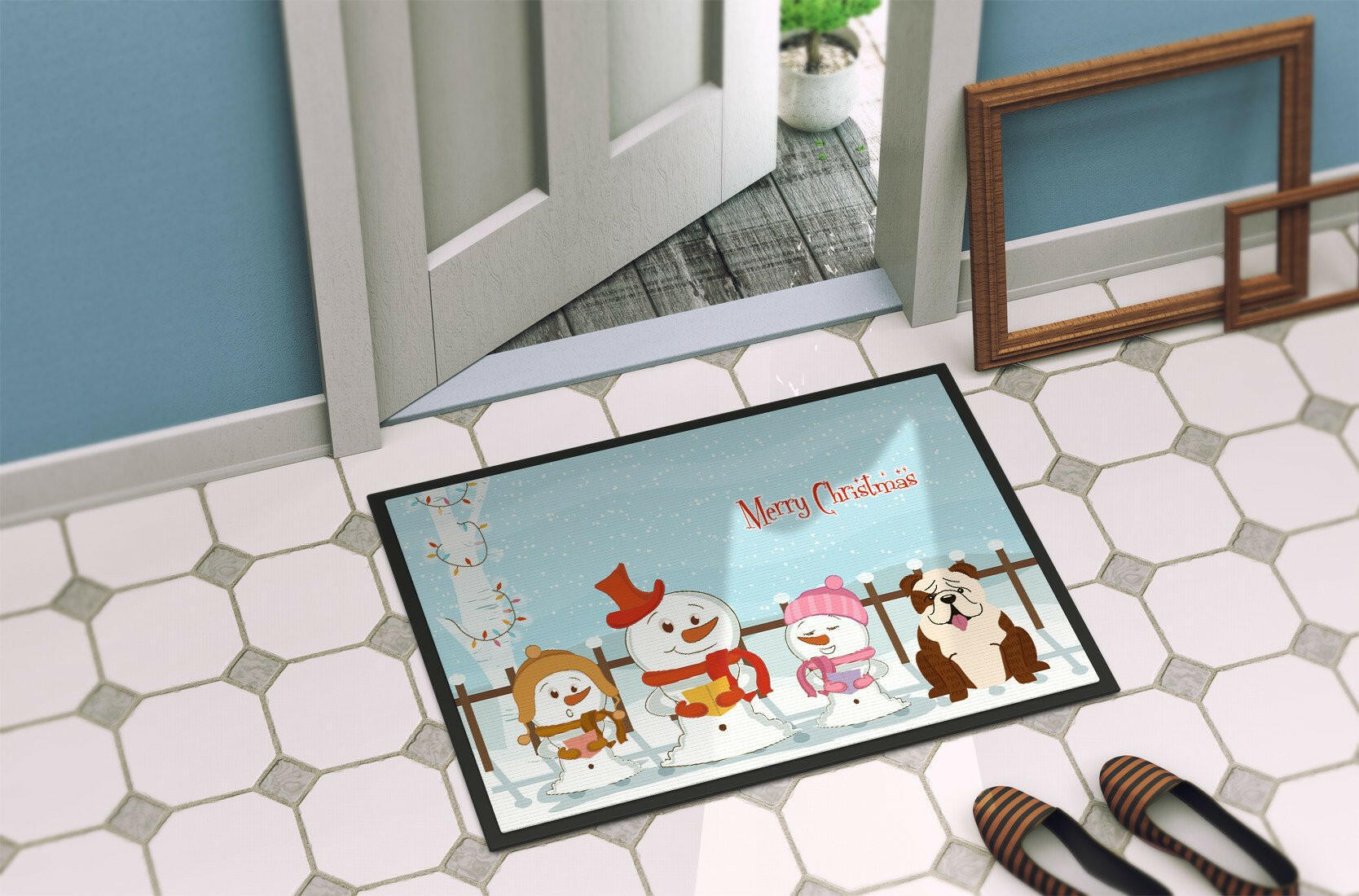 Merry Christmas Carolers English Bulldog Brindle White Indoor or Outdoor Mat 24x36 BB2452JMAT - the-store.com
