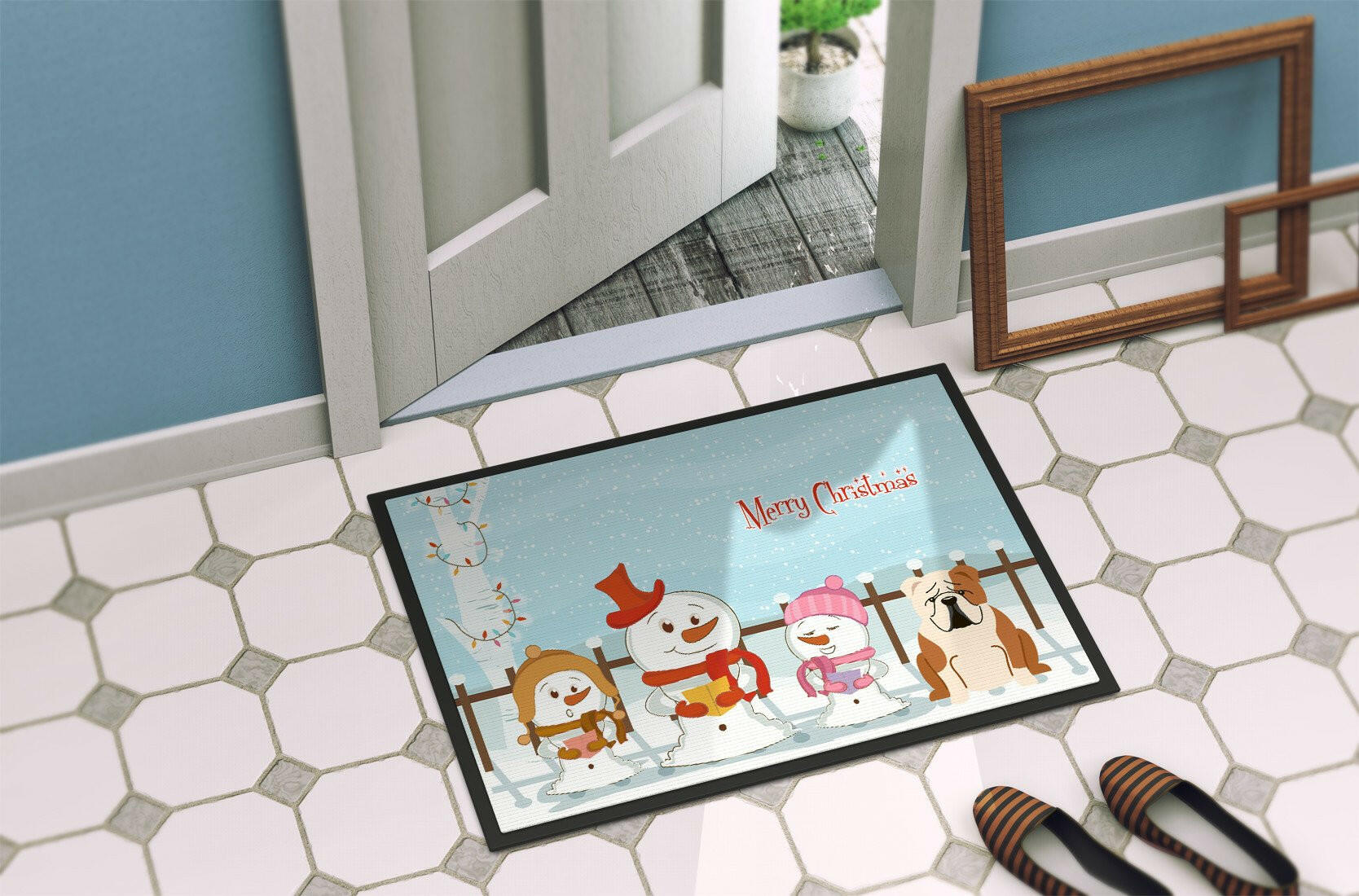 Merry Christmas Carolers English Bulldog Fawn White Indoor or Outdoor Mat 24x36 BB2456JMAT - the-store.com