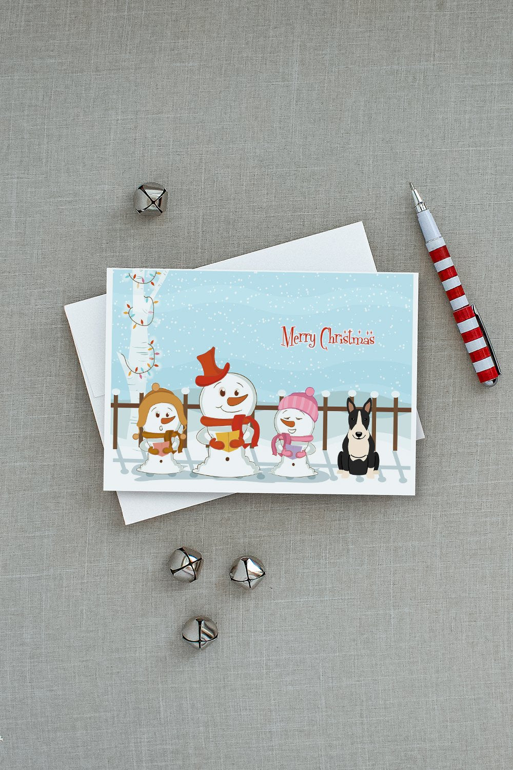 Merry Christmas Carolers Bull Terrier Black White Greeting Cards and Envelopes Pack of 8 - the-store.com