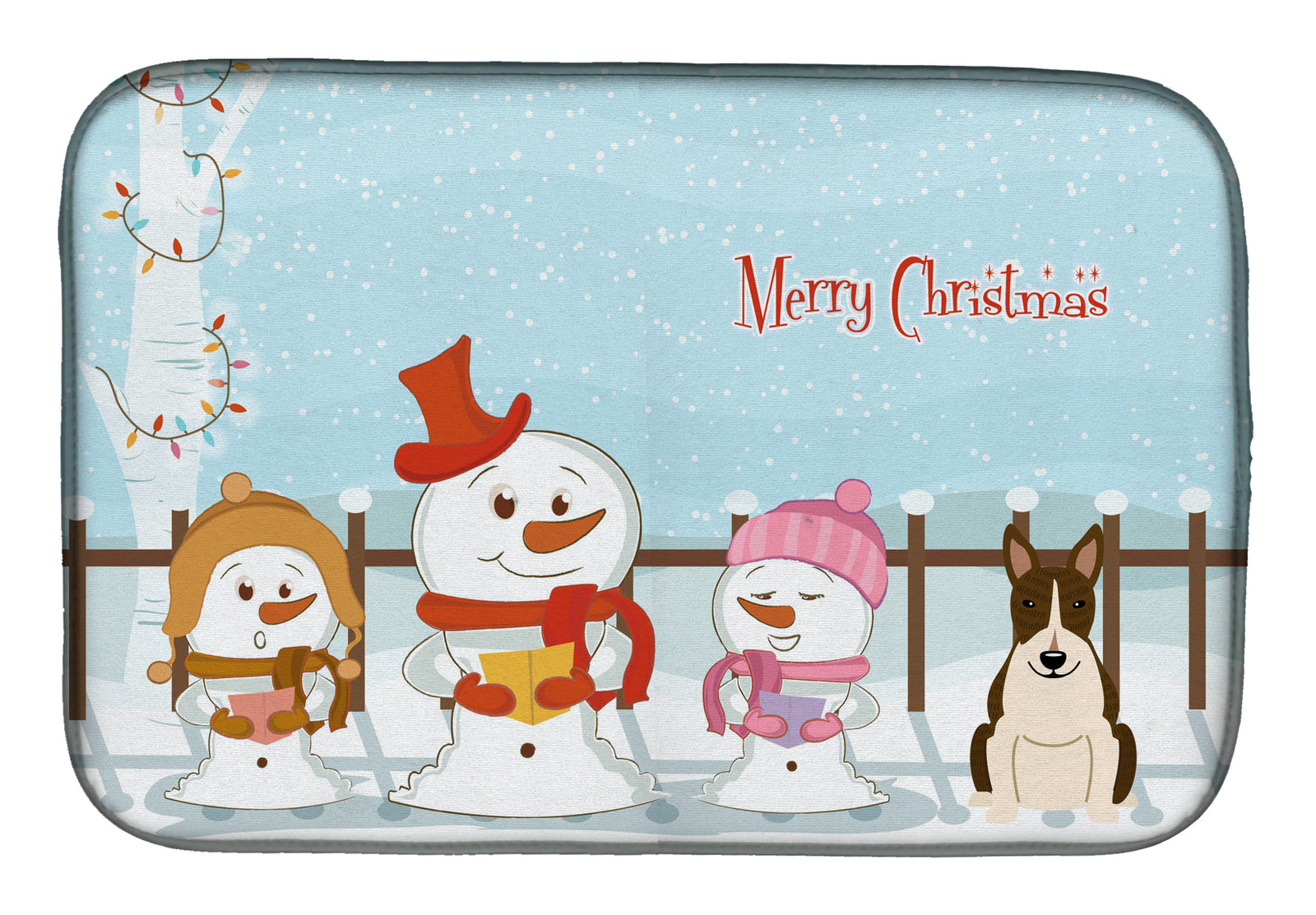 Merry Christmas Carolers Bull Terrier Dark Brindle Dish Drying Mat BB2467DDM