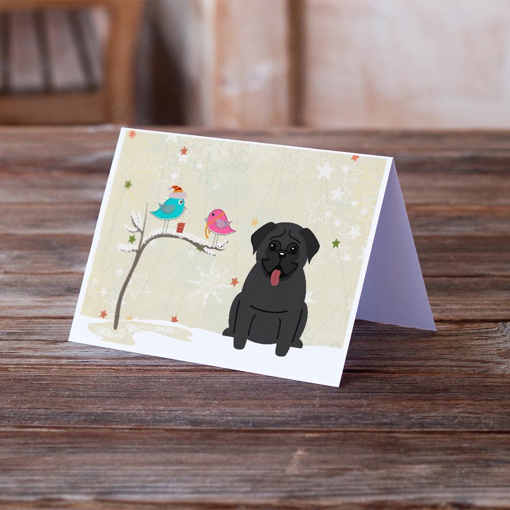 Christmas Presents between Friends Pug - Black Greeting Cards and Envelopes Pack of 8 - the-store.com