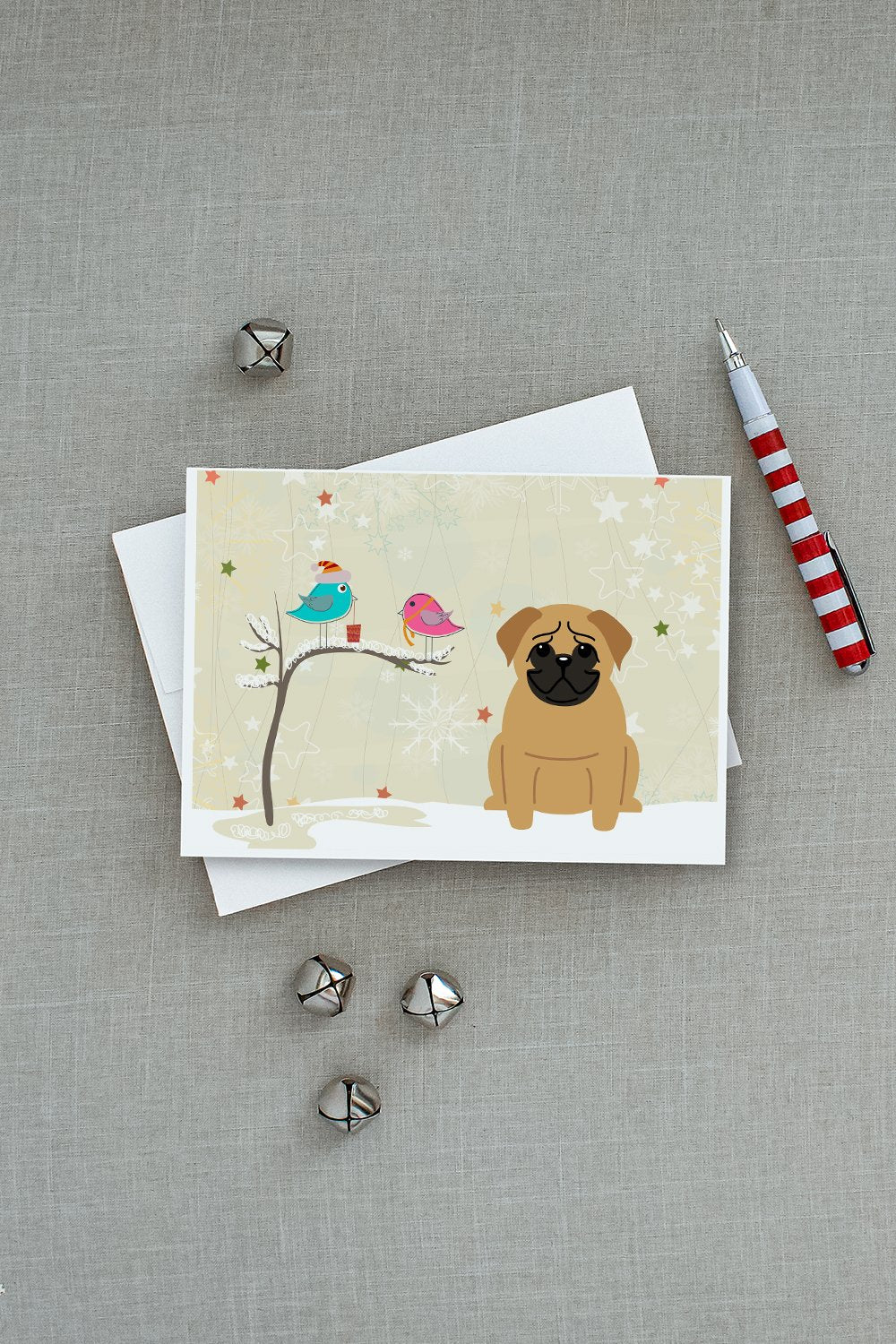Christmas Presents between Friends Pug - Brown Greeting Cards and Envelopes Pack of 8 - the-store.com