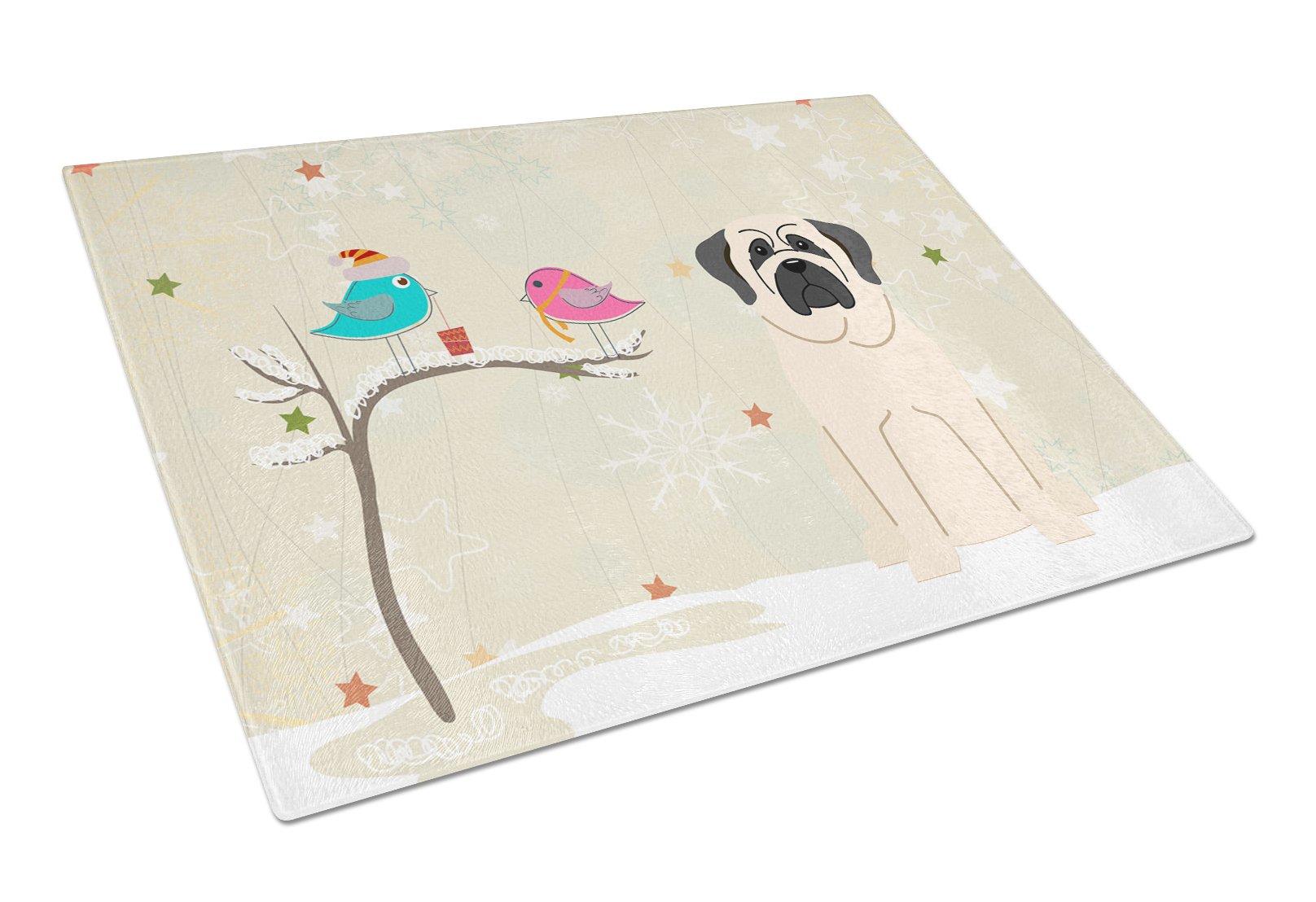Christmas Presents between Friends Mastiff White Glass Cutting Board Large BB2489LCB by Caroline's Treasures