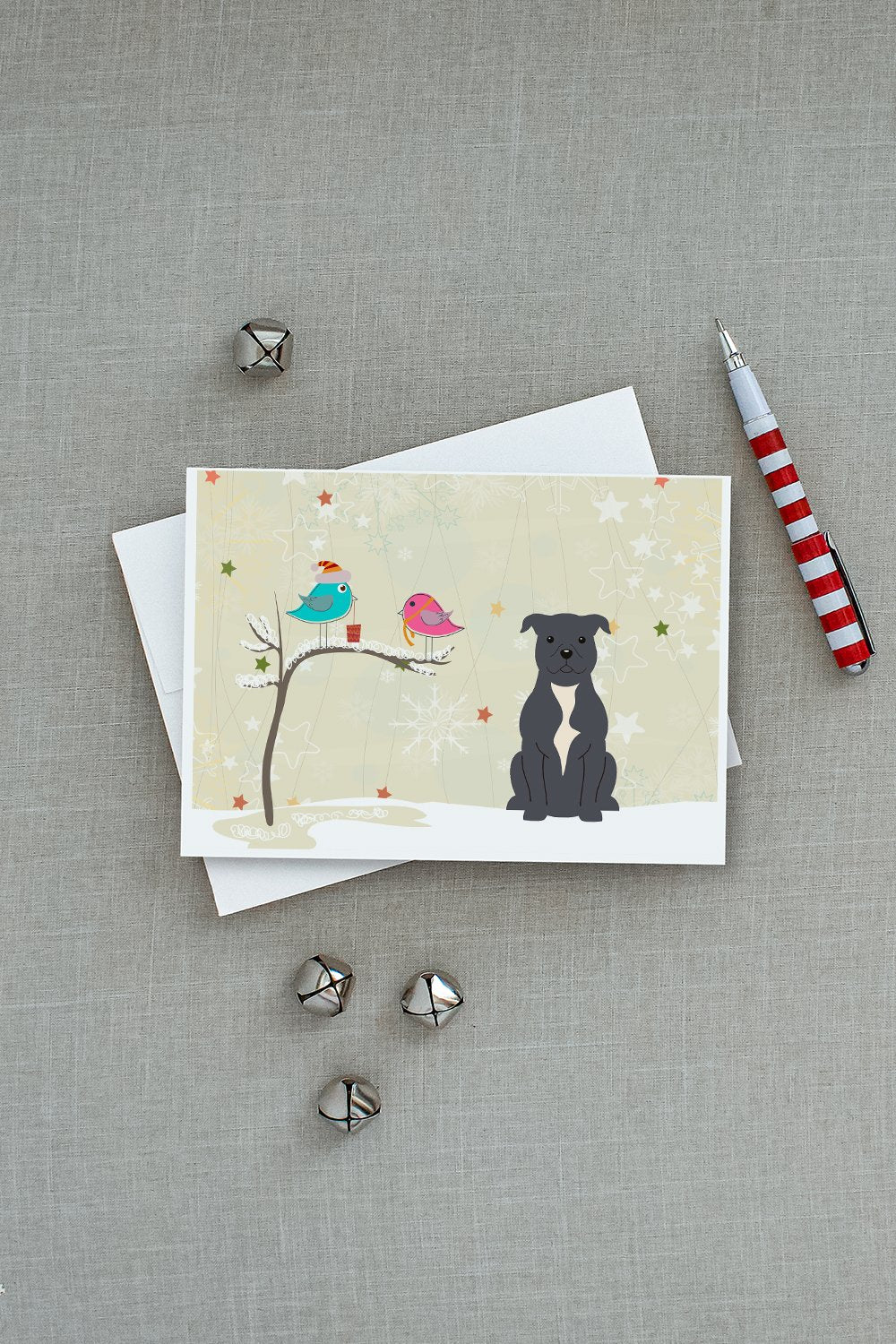 Christmas Presents between Friends Bull Terrier - Blue Greeting Cards and Envelopes Pack of 8 - the-store.com