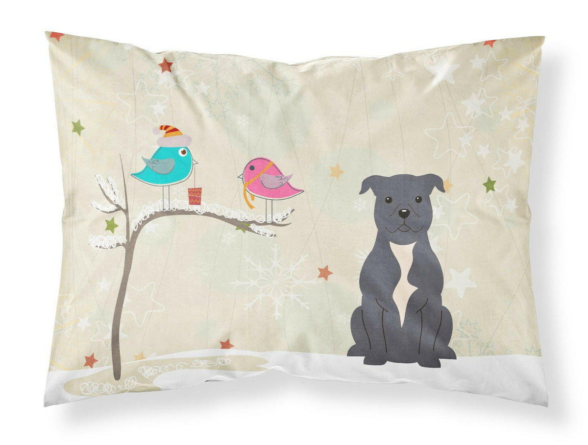 Christmas Presents between Friends Staffordshire Bull Terrier Blue Fabric Standard Pillowcase BB2518PILLOWCASE by Caroline&#39;s Treasures