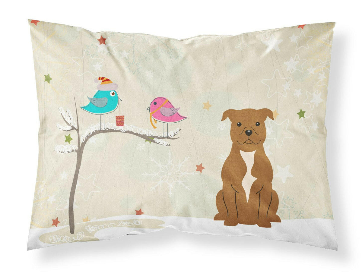 Christmas Presents between Friends Staffordshire Bull Terrier Brown Fabric Standard Pillowcase BB2519PILLOWCASE by Caroline&#39;s Treasures