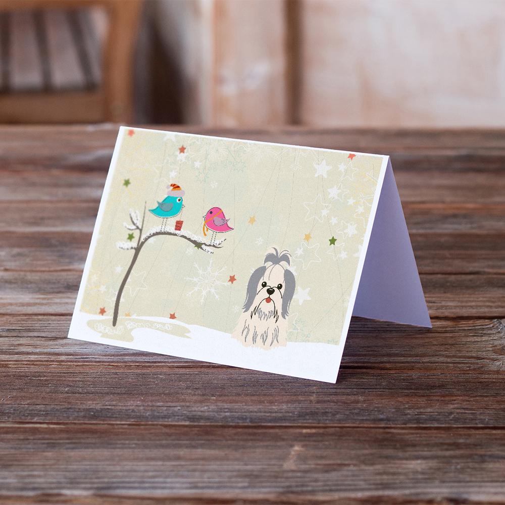 Christmas Presents between Friends Shih Tzu - Silver and White Greeting Cards and Envelopes Pack of 8 - the-store.com