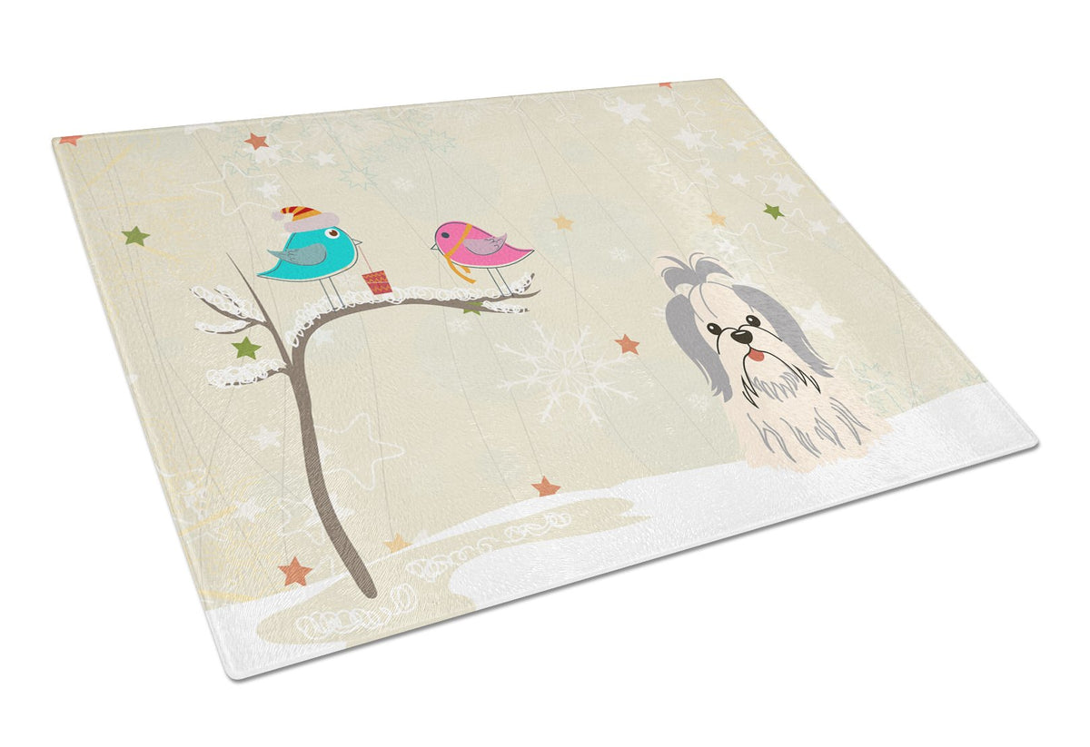Christmas Presents between Friends Shih Tzu Silver White Glass Cutting Board Large BB2557LCB by Caroline&#39;s Treasures