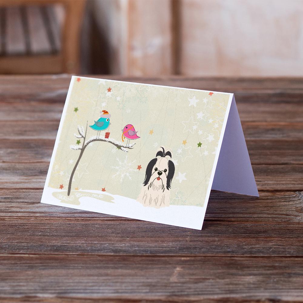 Christmas Presents between Friends Shih Tzu - Black and White Greeting Cards and Envelopes Pack of 8 - the-store.com