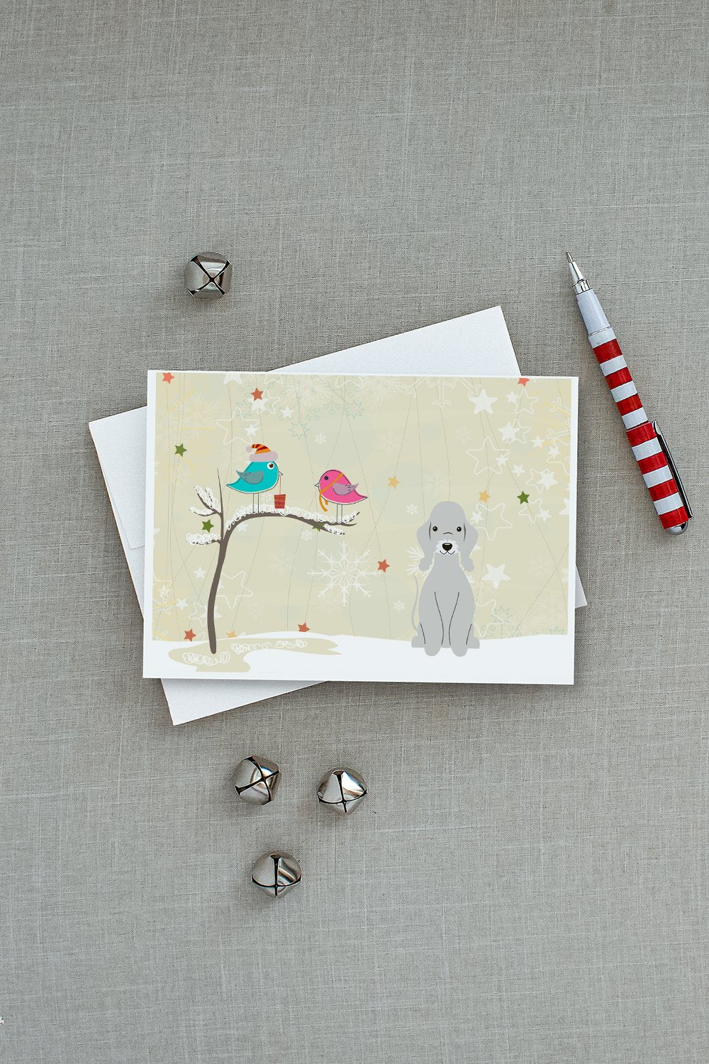 Christmas Presents between Friends Bedlington Terrier - Blue Greeting Cards and Envelopes Pack of 8 - the-store.com