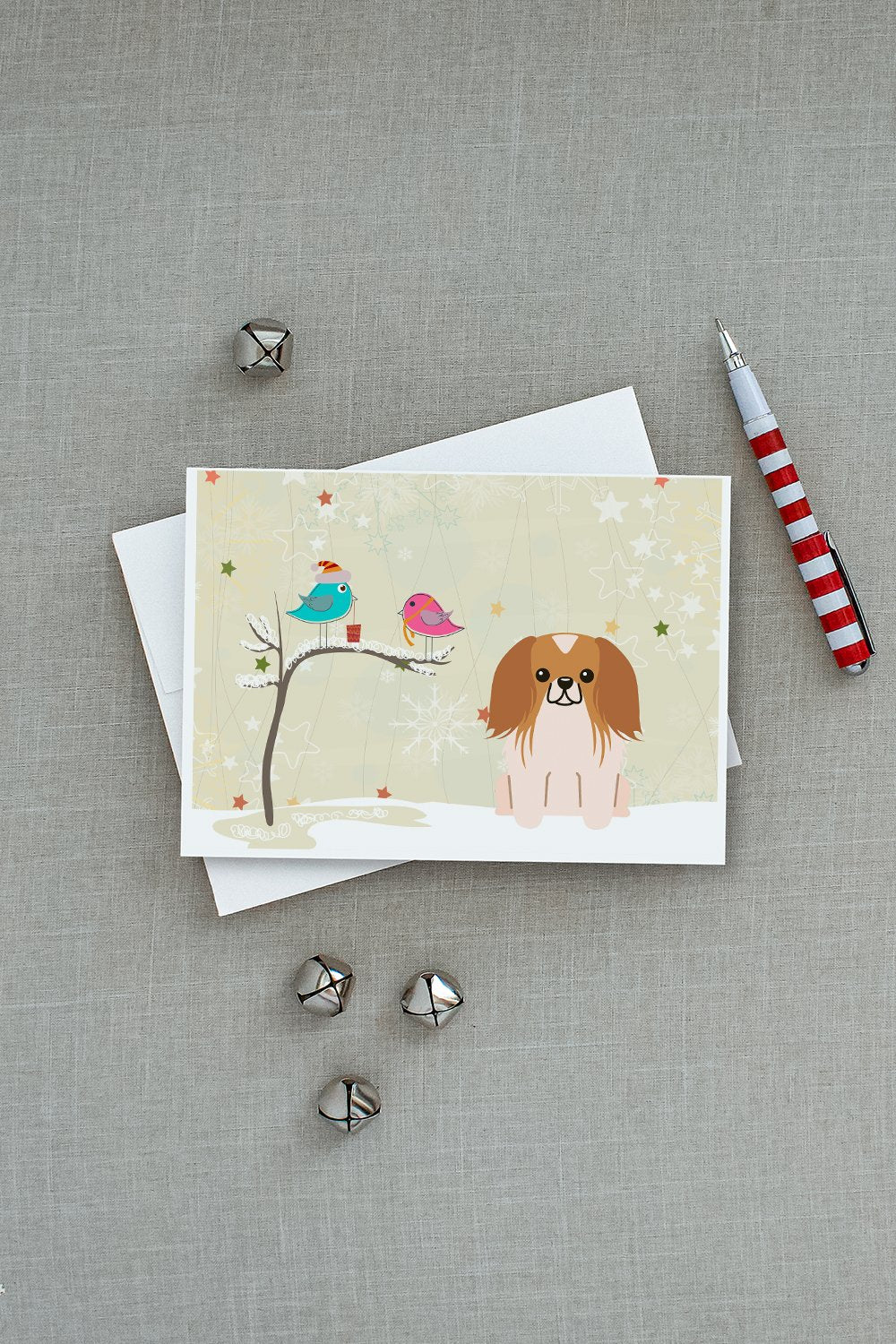 Christmas Presents between Friends Pekingese - Red and White Greeting Cards and Envelopes Pack of 8 - the-store.com