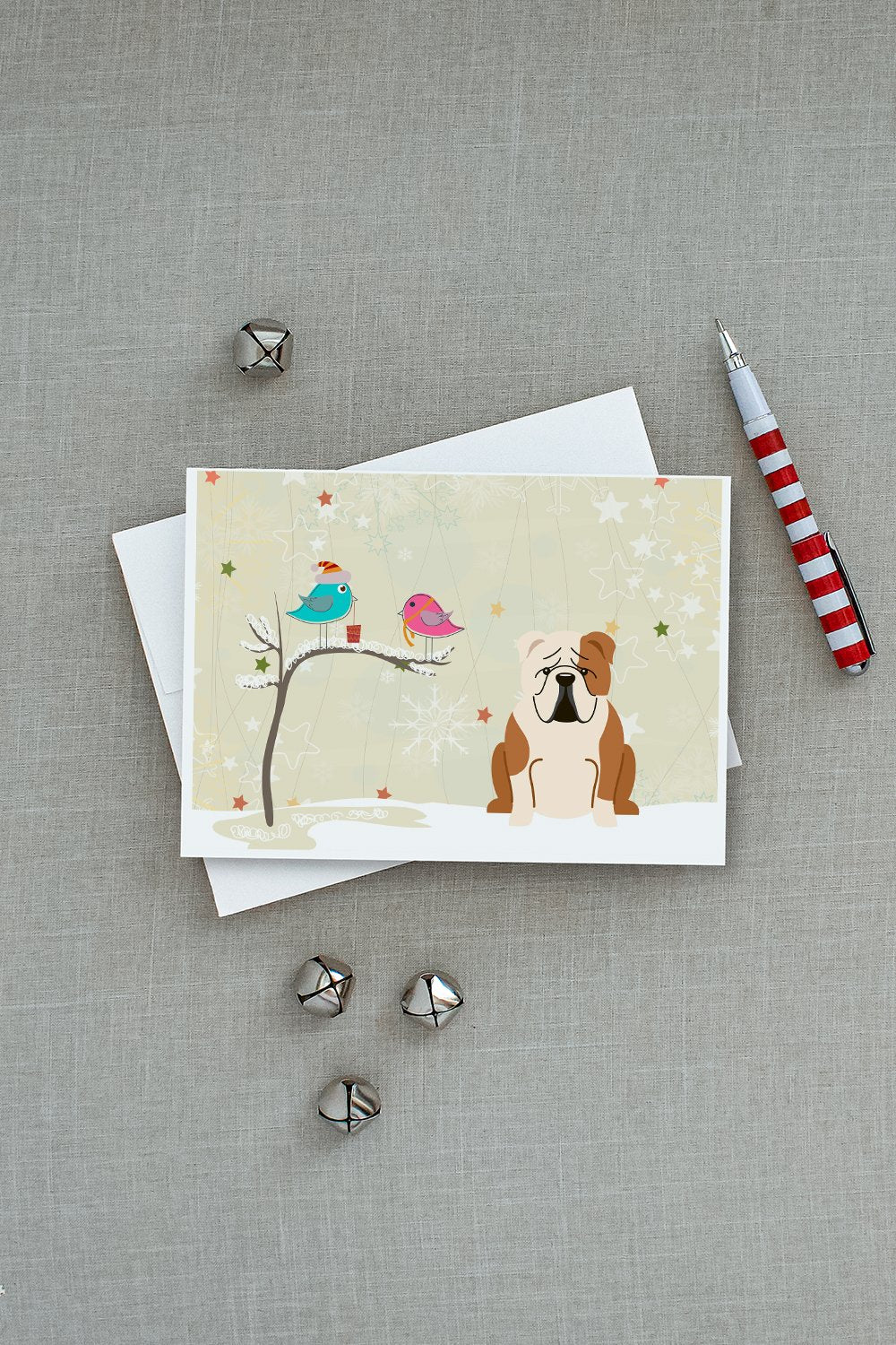 Christmas Presents between Friends English Bulldog - Fawn and White Greeting Cards and Envelopes Pack of 8 - the-store.com