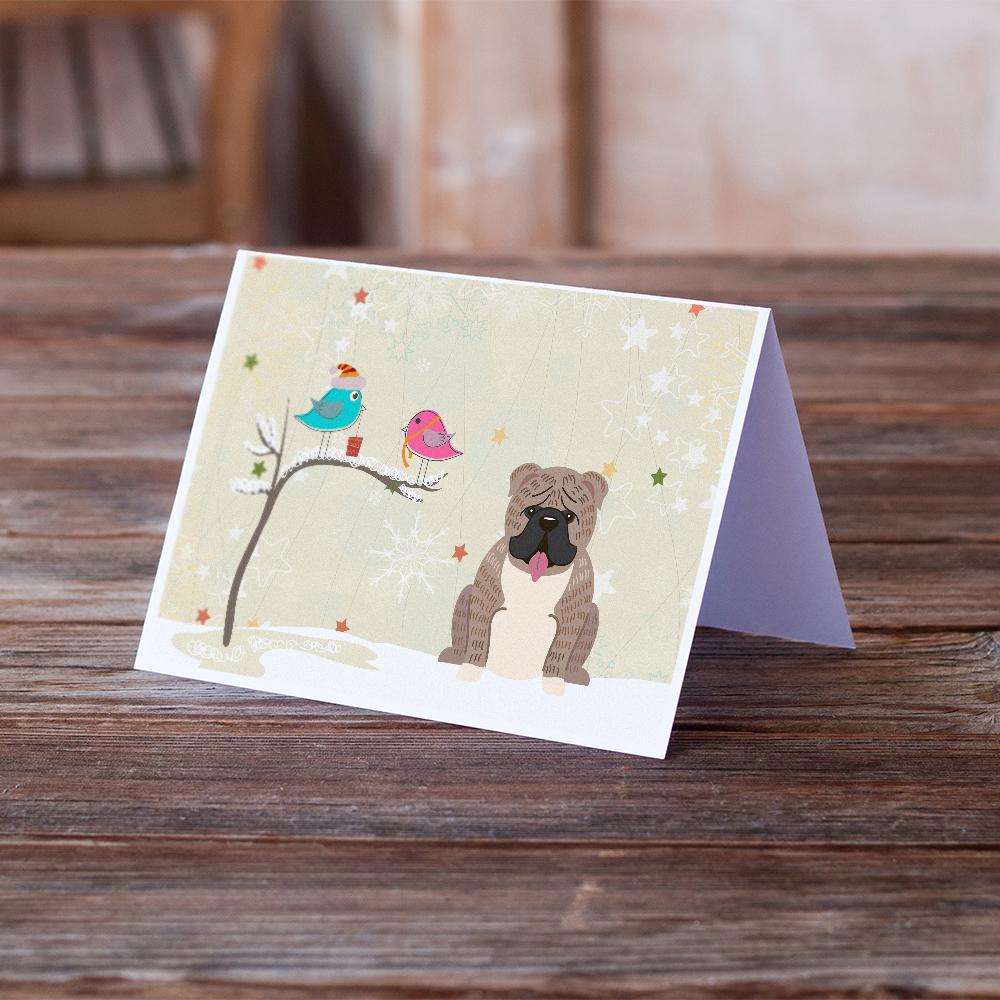 Christmas Presents between Friends English Bulldog - Grey Brindle Greeting Cards and Envelopes Pack of 8 - the-store.com