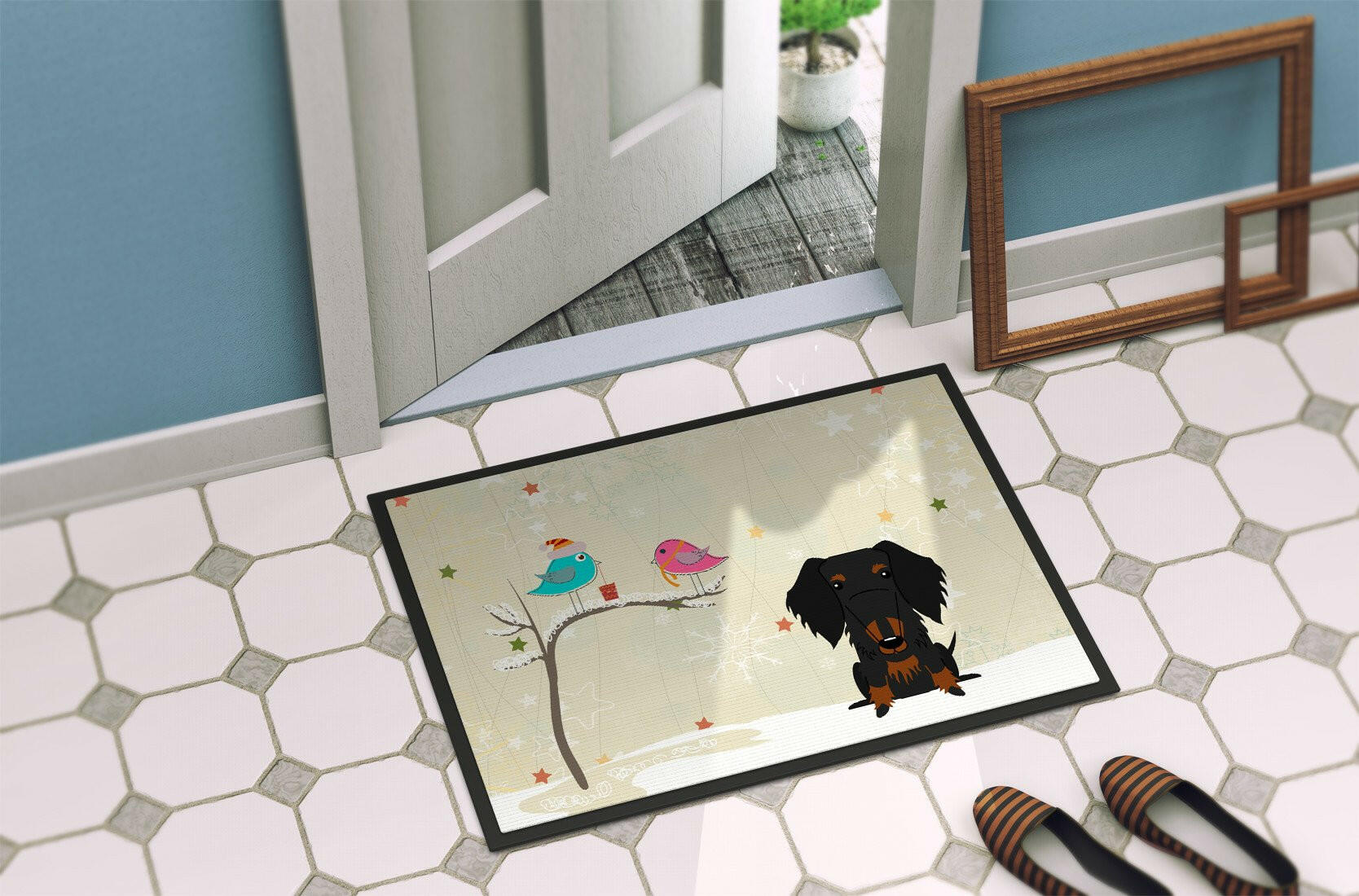 Christmas Presents between Friends Wire Haired Dachshund Black Tan Indoor or Outdoor Mat 24x36 BB2599JMAT - the-store.com
