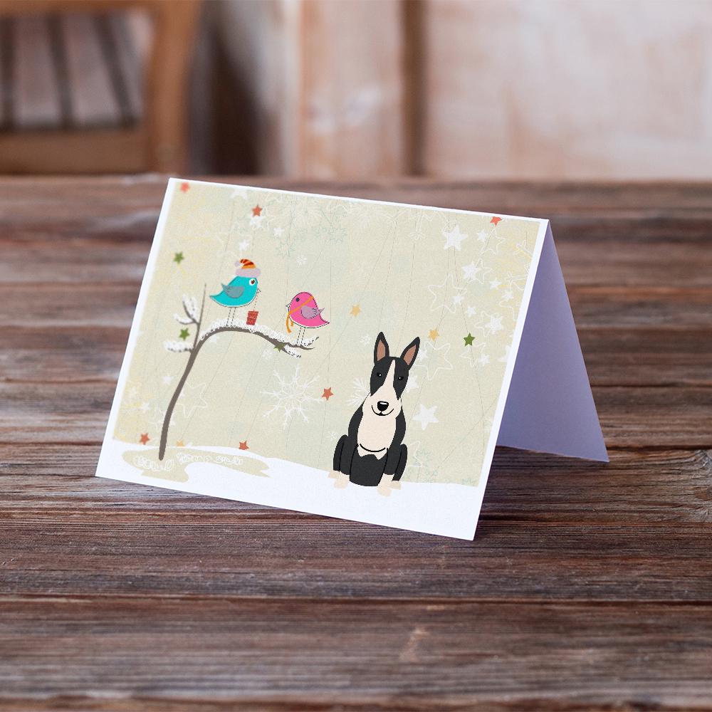 Christmas Presents between Friends Bull Terrier - Black and White Greeting Cards and Envelopes Pack of 8 - the-store.com