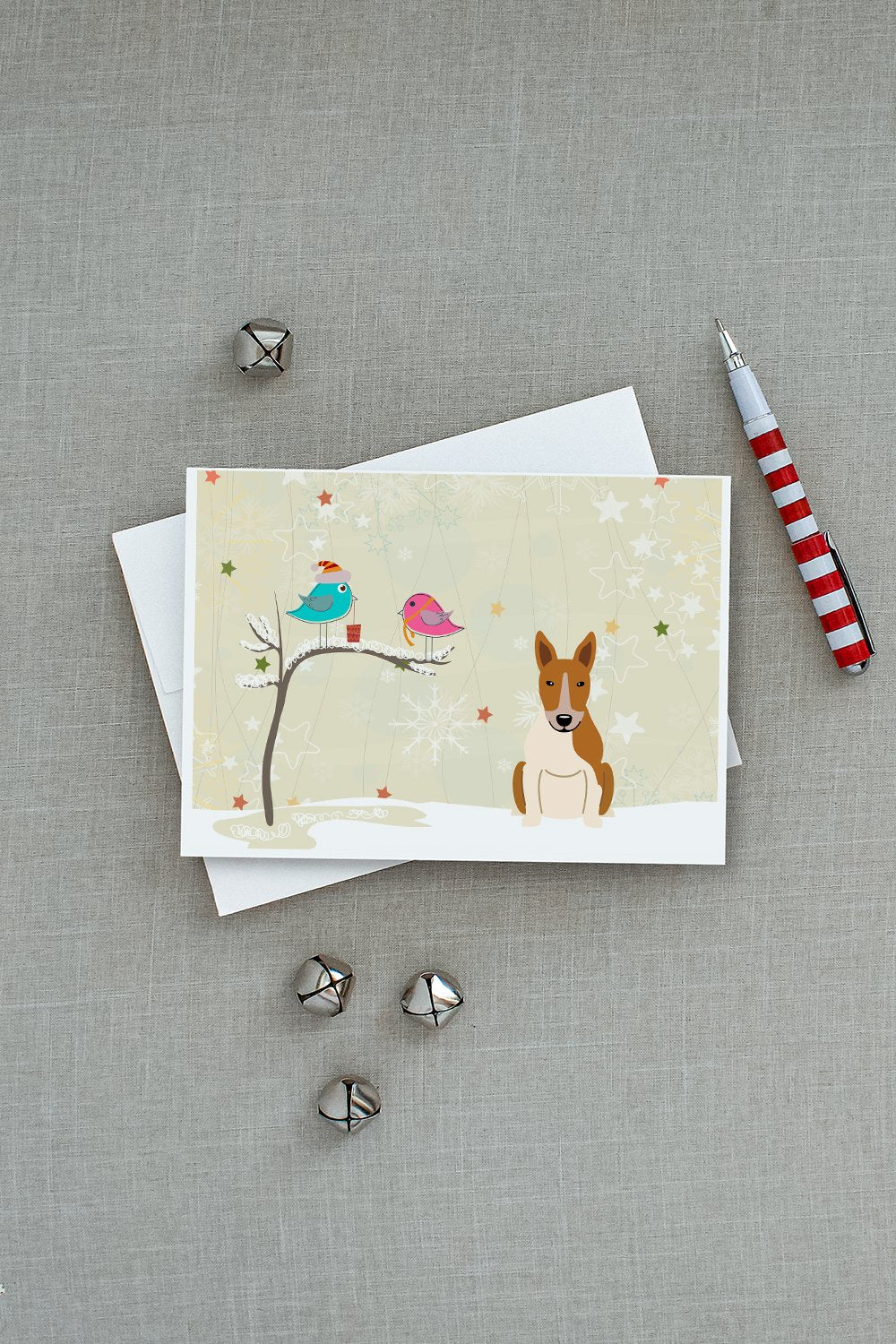 Christmas Presents between Friends Bull Terrier - Red and White Greeting Cards and Envelopes Pack of 8 - the-store.com