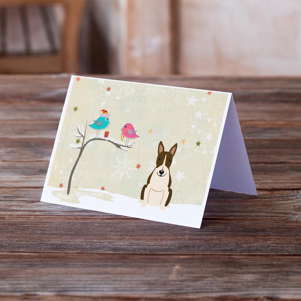 Christmas Presents between Friends Bull Terrier - Dark Brindle Greeting Cards and Envelopes Pack of 8 - the-store.com