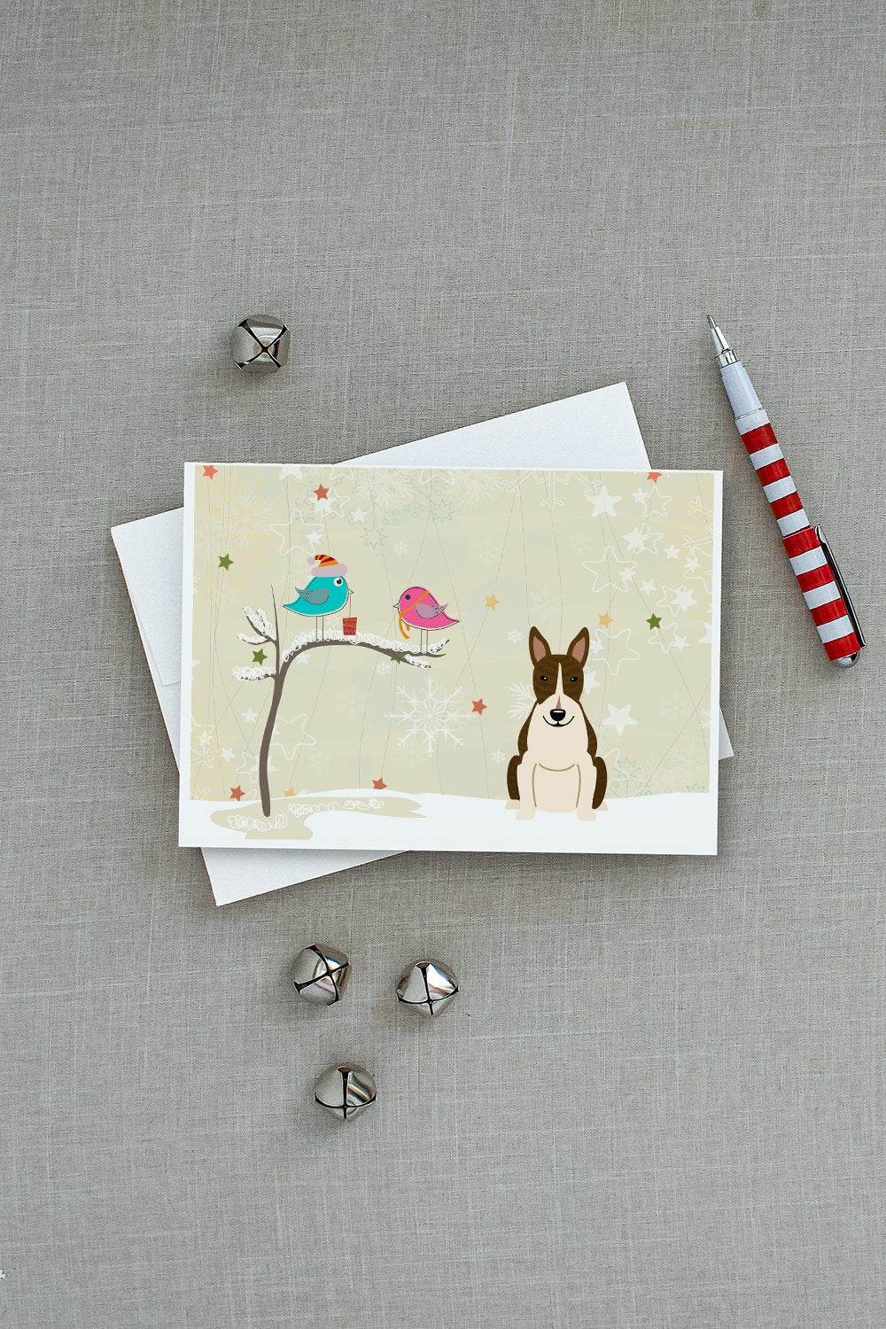 Christmas Presents between Friends Bull Terrier - Dark Brindle Greeting Cards and Envelopes Pack of 8 - the-store.com