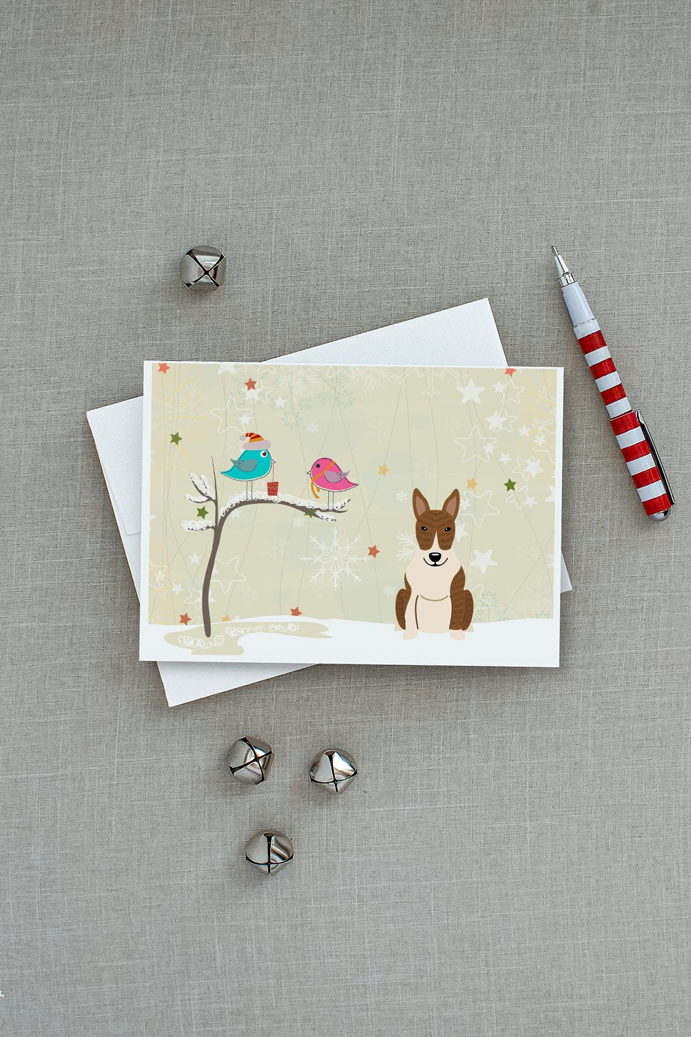 Christmas Presents between Friends Bull Terrier - Brindle Greeting Cards and Envelopes Pack of 8 - the-store.com