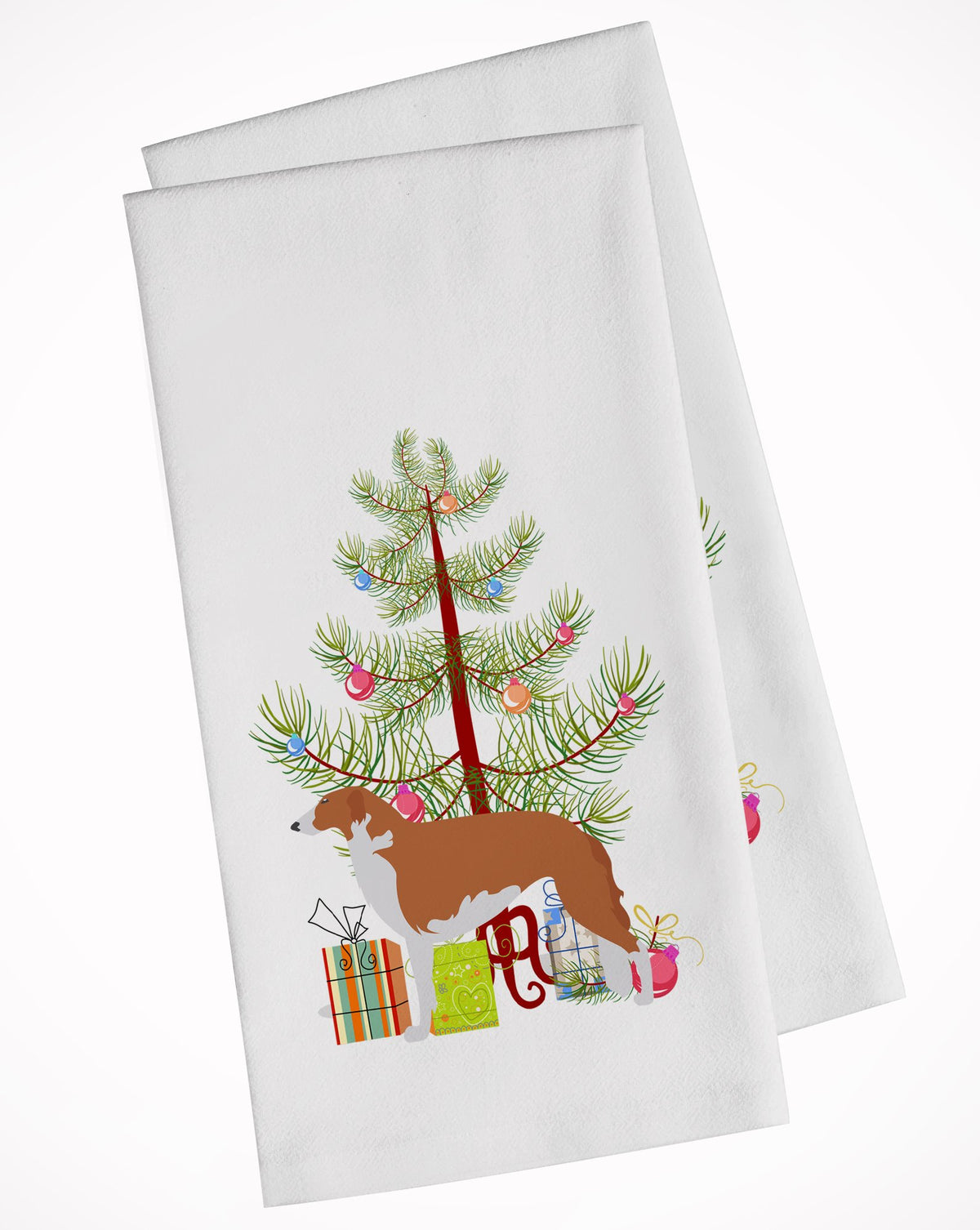 Borzoi Russian Greyhound Merry Christmas Tree White Kitchen Towel Set of 2 BB2917WTKT by Caroline&#39;s Treasures