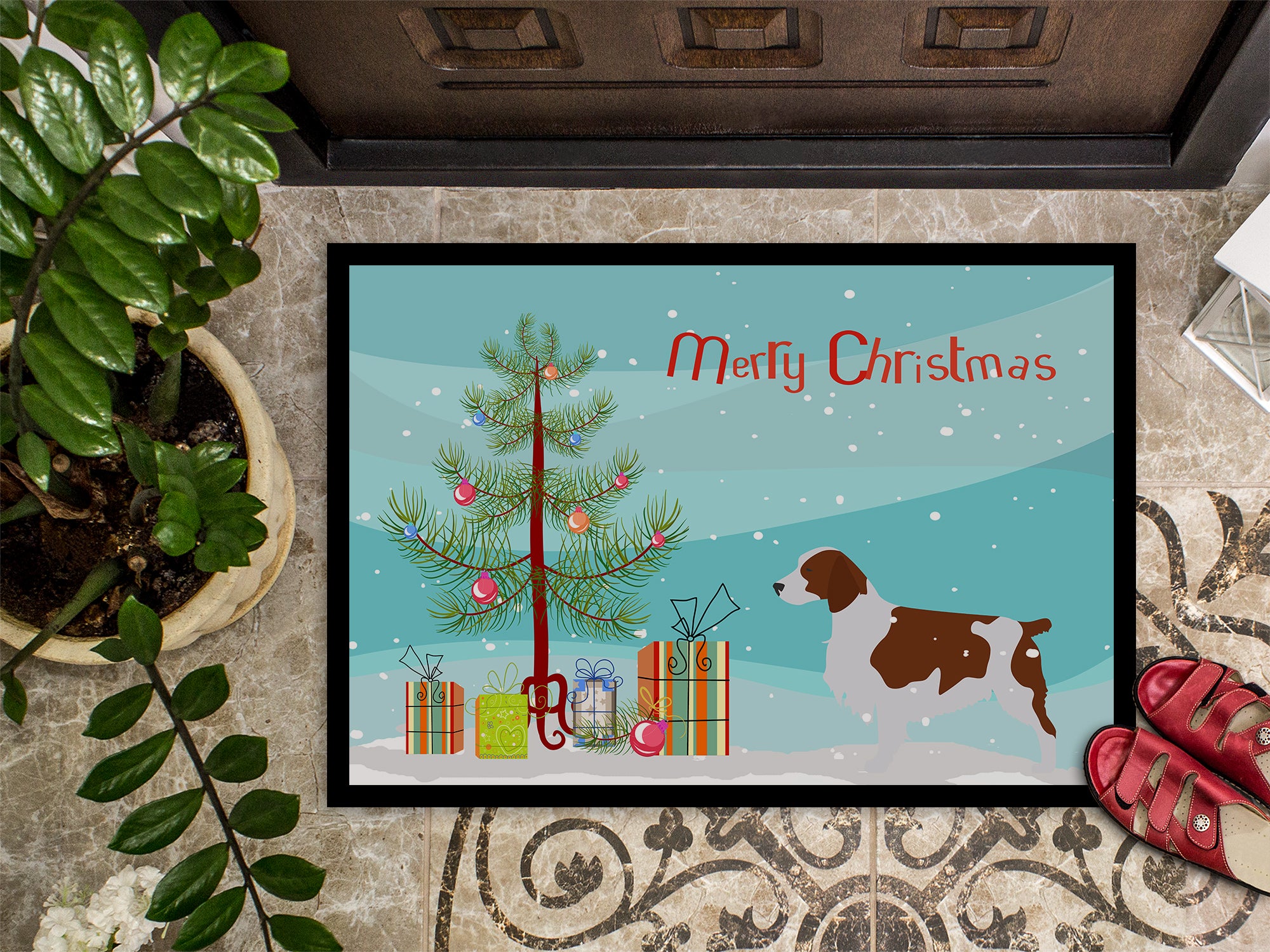 Welsh Springer Spaniel Merry Christmas Tree Indoor or Outdoor Mat 18x27 BB2918MAT - the-store.com