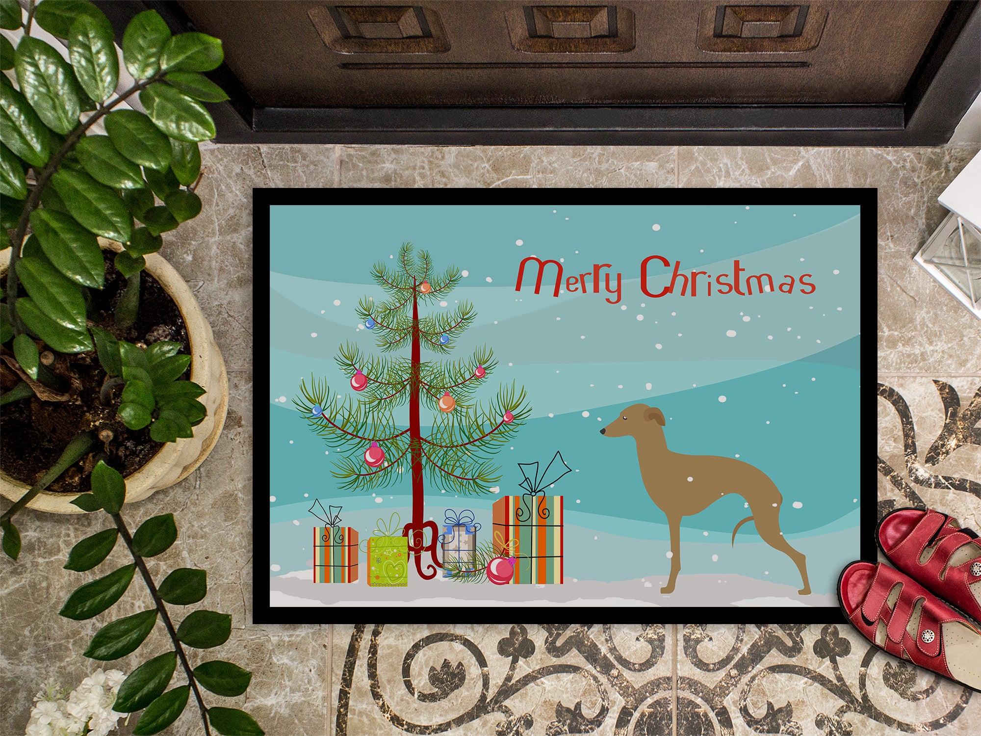 Italian Greyhound Merry Christmas Tree Indoor or Outdoor Mat 18x27 BB2932MAT - the-store.com